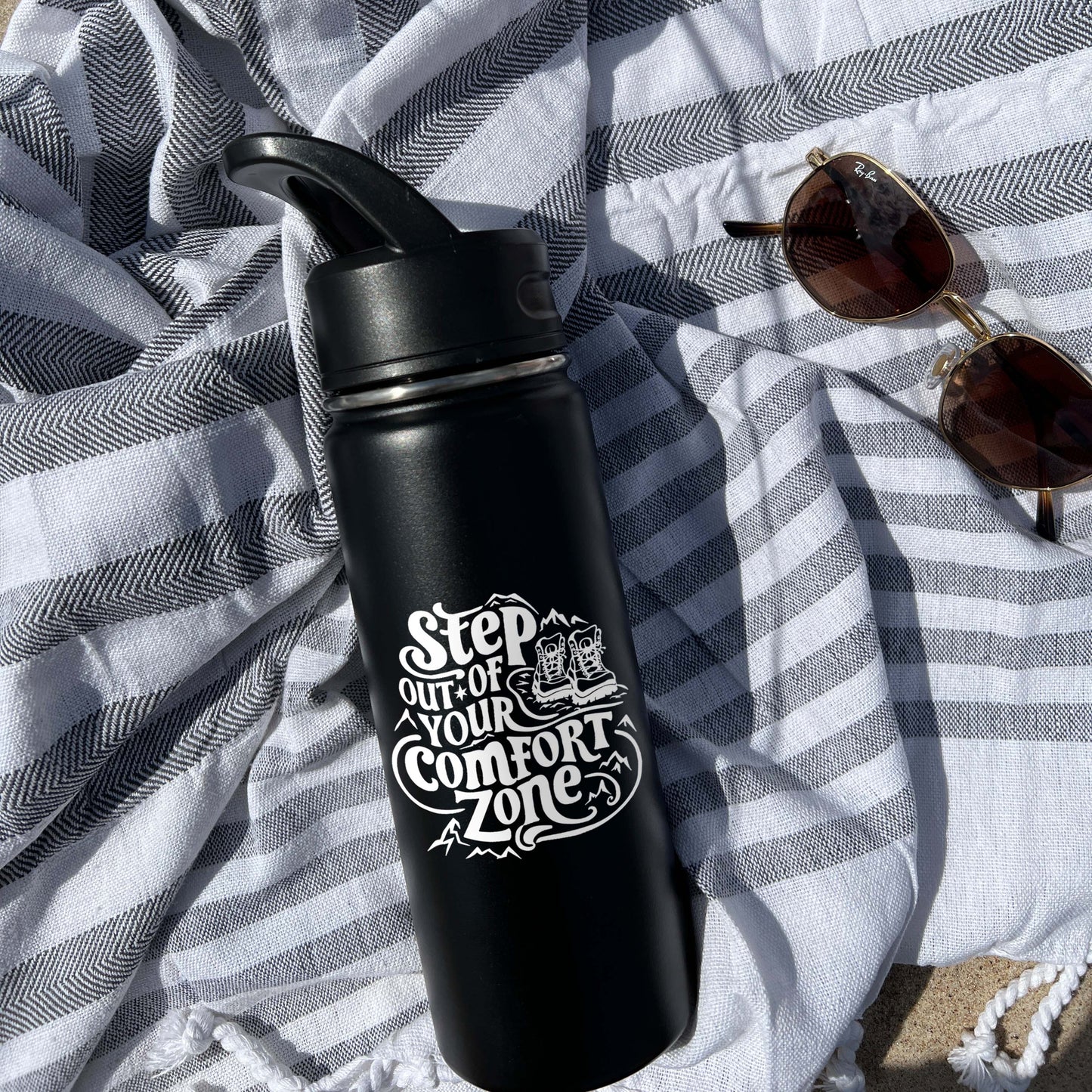 Step out of Comfort Zone Sports Water Bottle 18/32 oz, Traveling, Stainless Steel Insulated Flasks, Custom Water Bottle, Name Bottle, Keeps Cold 24 Hrs