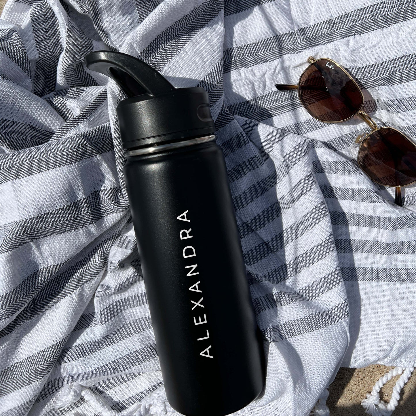 Cute Beach Water Bottle Sports Water Bottle 18/32 oz Straight Font Stainless Steel Insulated Flasks, Custom Water Bottle, Name Bottle, Keeps Cold 24 Hrs