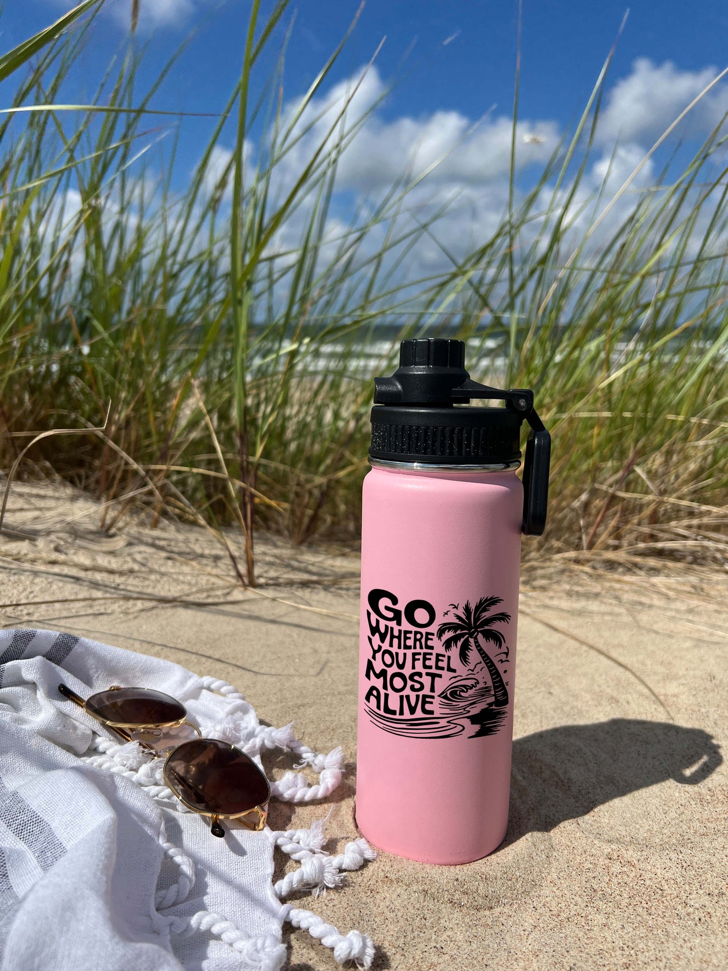 Go where you feel most alive Sports Water Bottle 18/32 oz, Traveling, Stainless Steel Insulated Flasks, Custom Water Bottle, Name Bottle, Keeps Cold 24 Hrs