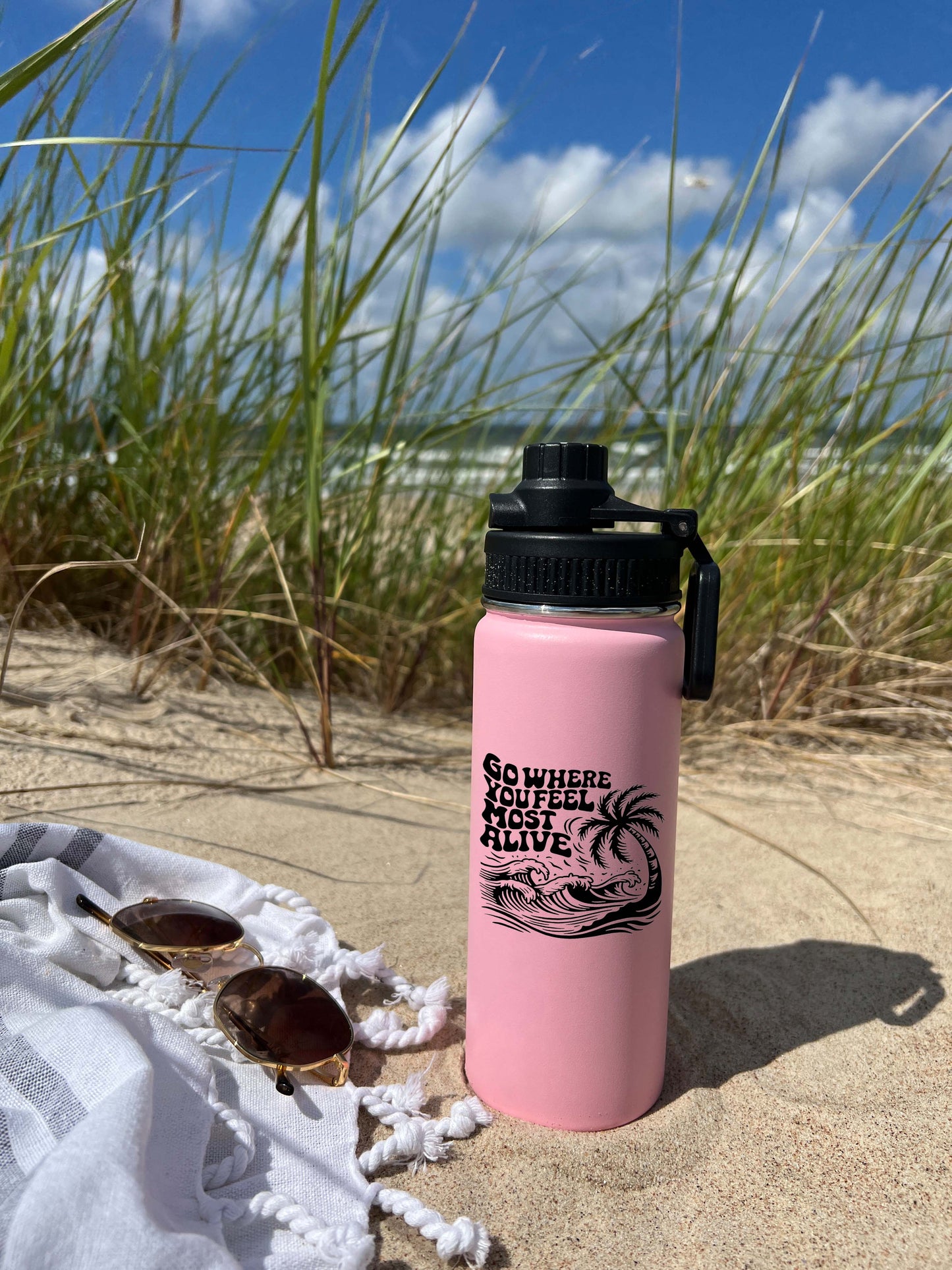 Palm tree and Wave Sports Water Bottle 18/32 oz, Stainless Steel Insulated Flasks, Custom Water Bottle, Name Bottle, Keeps Cold 24 Hrs