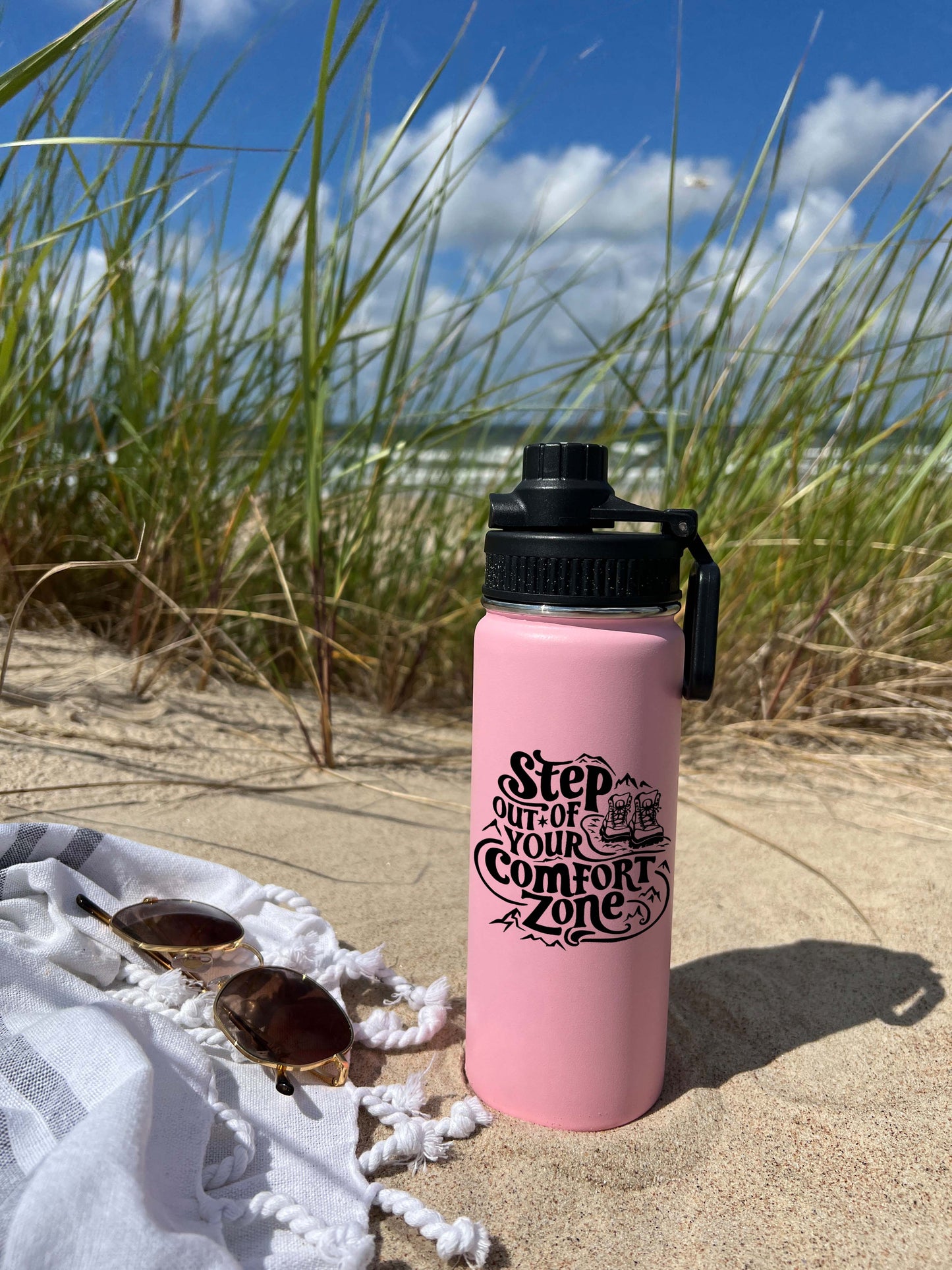 Out of Comfort Zone Sports Water Bottle 18/32 oz, Traveling, Stainless Steel Insulated Flasks, Custom Water Bottle, Name Bottle, Keeps Cold 24 Hrs