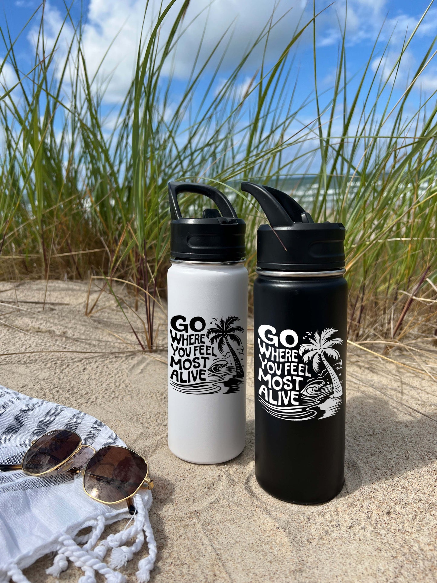 Go where you feel most alive Sports Water Bottle 18/32 oz, Traveling, Stainless Steel Insulated Flasks, Custom Water Bottle, Name Bottle, Keeps Cold 24 Hrs