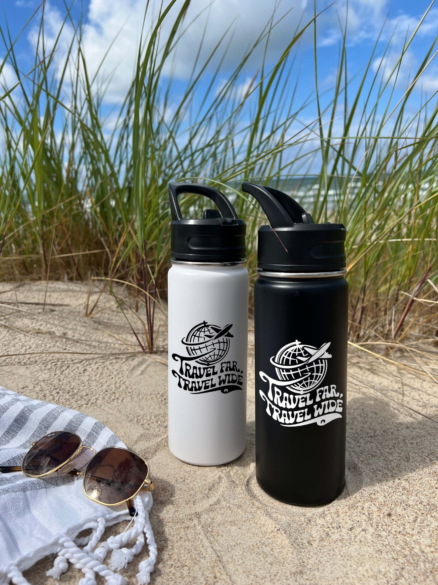 Traveling around World Sports Water Bottle 18/32 oz, Stainless Steel Insulated Flasks, Custom Water Bottle, Name Bottle, Keeps Cold 24 Hrs