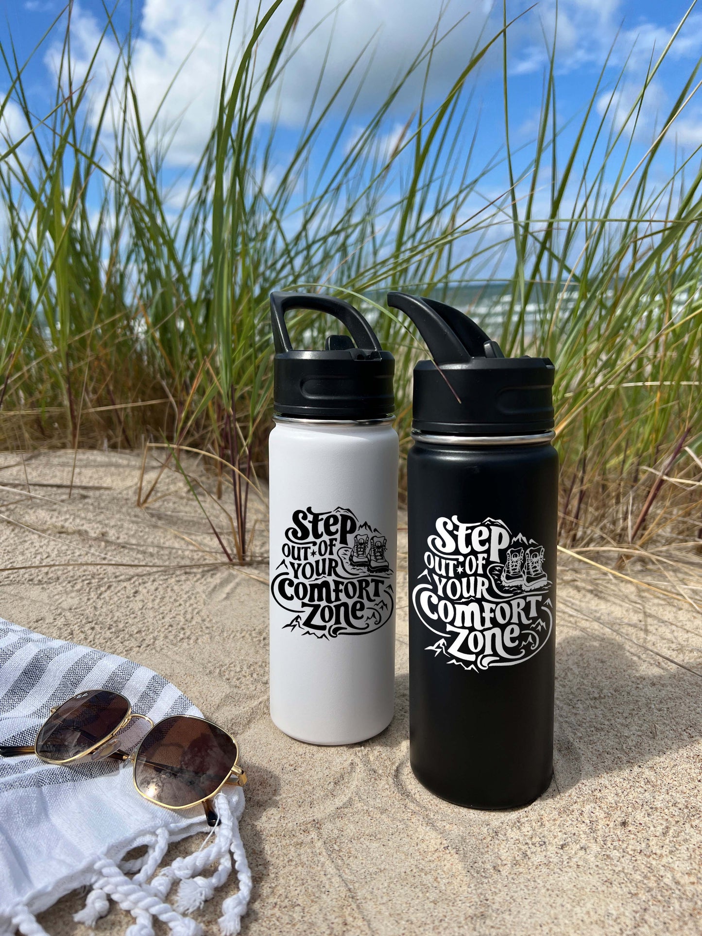 Out of Comfort Zone Sports Water Bottle 18/32 oz, Traveling, Stainless Steel Insulated Flasks, Custom Water Bottle, Name Bottle, Keeps Cold 24 Hrs