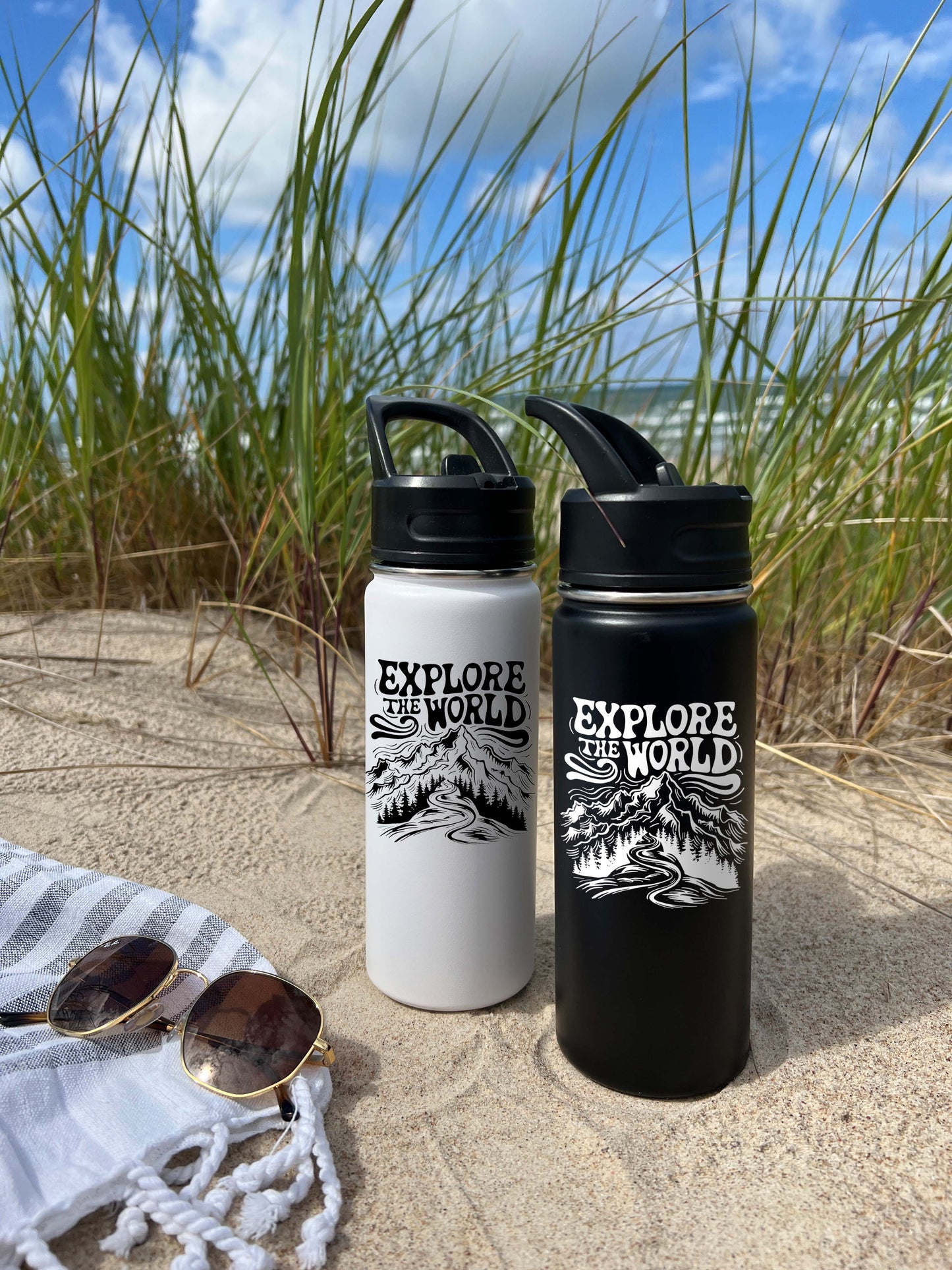 Explore the World Sports Water Bottle 18/32 oz, Traveling, Stainless Steel Insulated Flasks, Custom Water Bottle, Name Bottle, Keeps Cold 24 Hrs