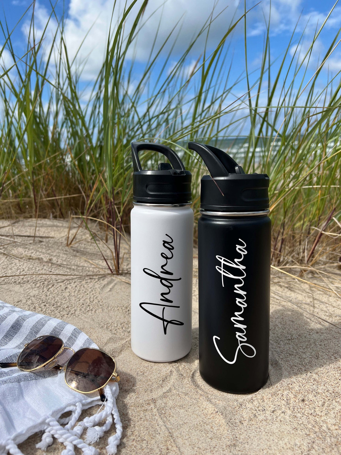 Cute Beach Water Bottle Sports Water Bottle 18/32 oz Cursive Font Stainless Steel Insulated Flasks, Custom Water Bottle, Name Bottle, Keeps Cold 24 Hrs