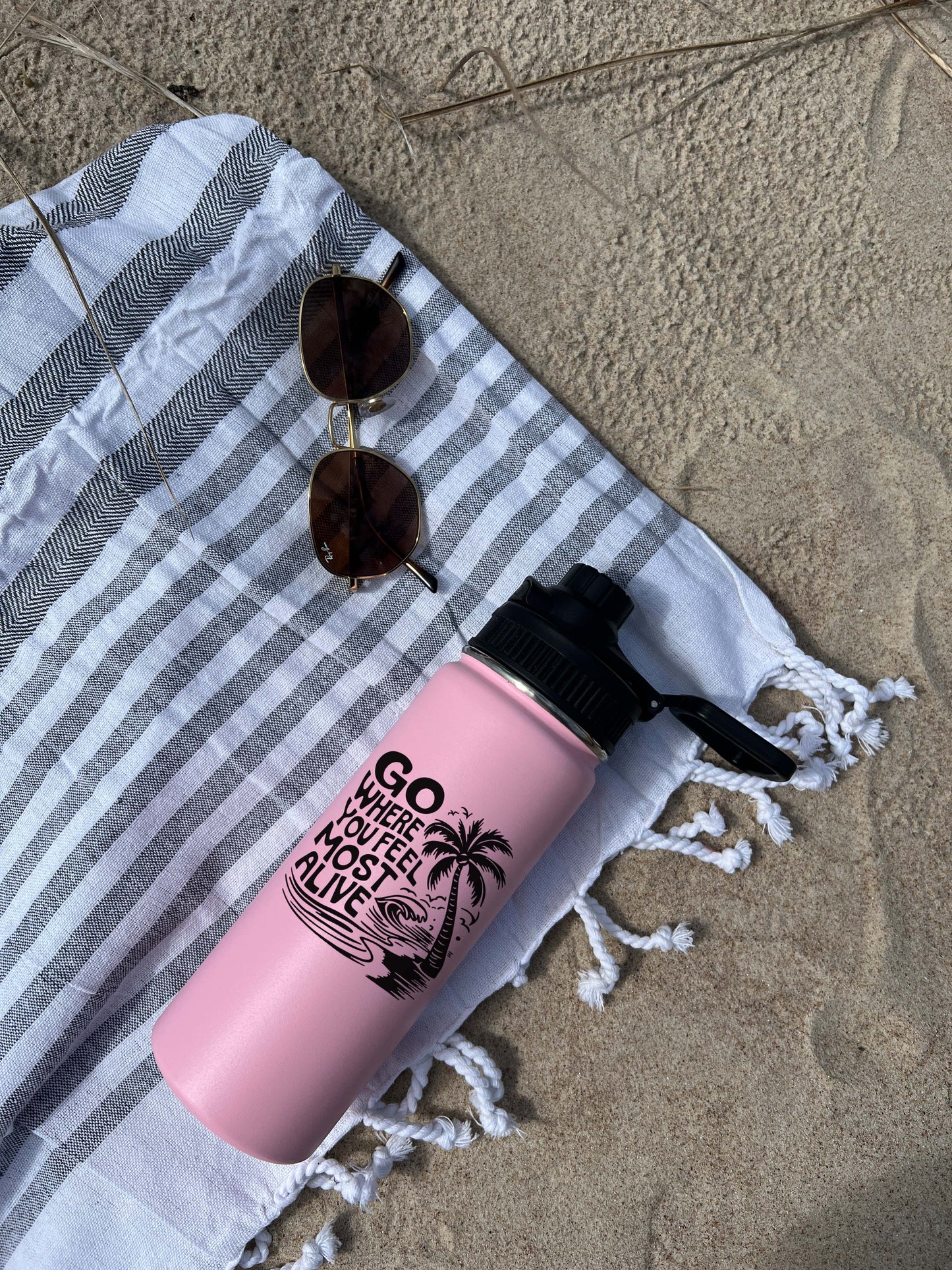 Go where you feel most alive Sports Water Bottle 18/32 oz, Traveling, Stainless Steel Insulated Flasks, Custom Water Bottle, Name Bottle, Keeps Cold 24 Hrs