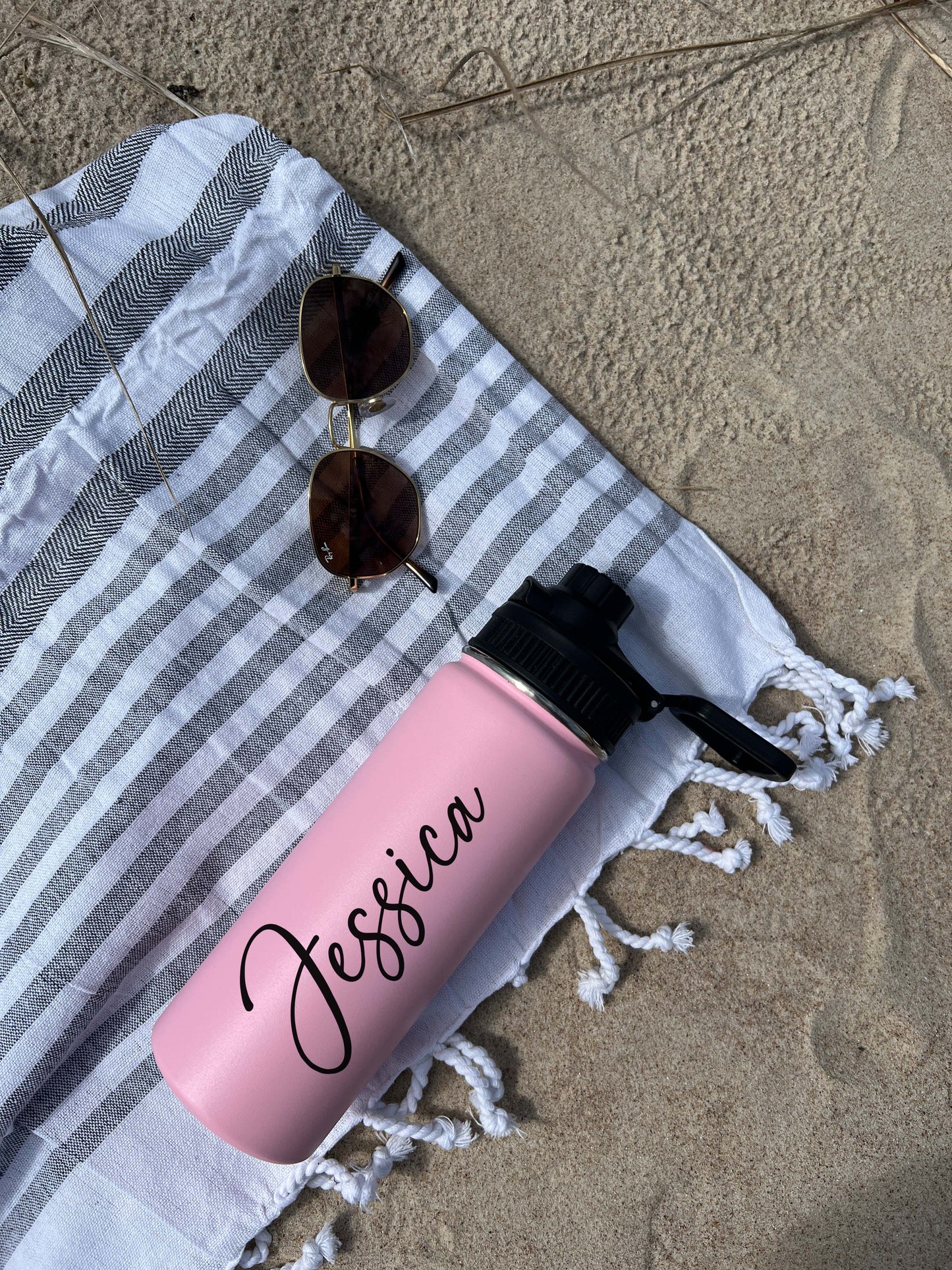 Cute Beach Water Bottle Sports Water Bottle 18/32 oz Cursive Font Stainless Steel Insulated Flasks, Custom Water Bottle, Name Bottle, Keeps Cold 24 Hrs