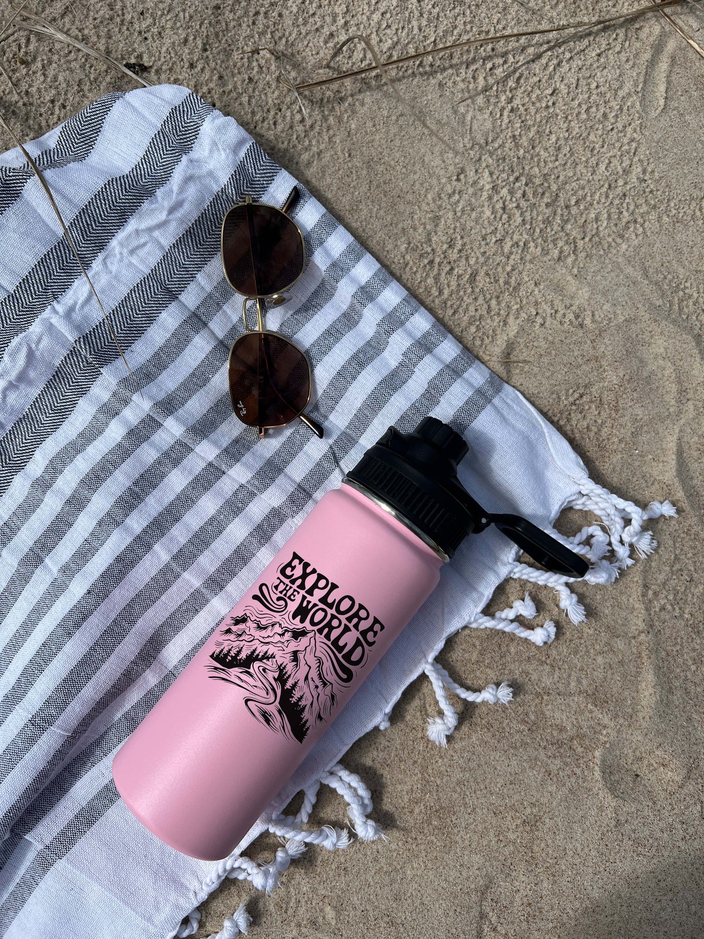 Explore the World Sports Water Bottle 18/32 oz, Traveling, Stainless Steel Insulated Flasks, Custom Water Bottle, Name Bottle, Keeps Cold 24 Hrs