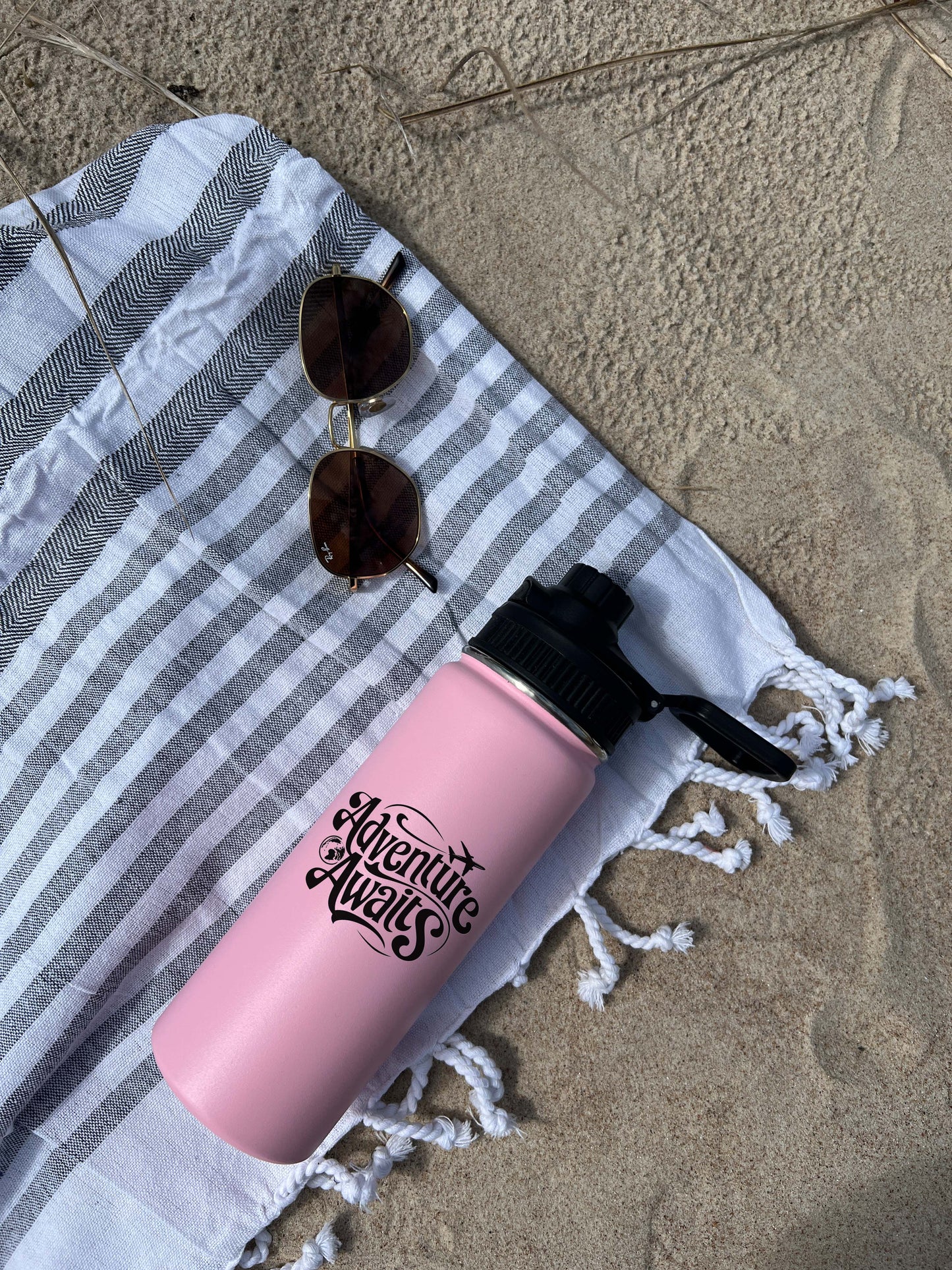Adventure Awaits Sports Water Bottle 18/32 oz, Traveling, Stainless Steel Insulated Flasks, Custom Water Bottle, Name Bottle, Keeps Cold 24 Hrs
