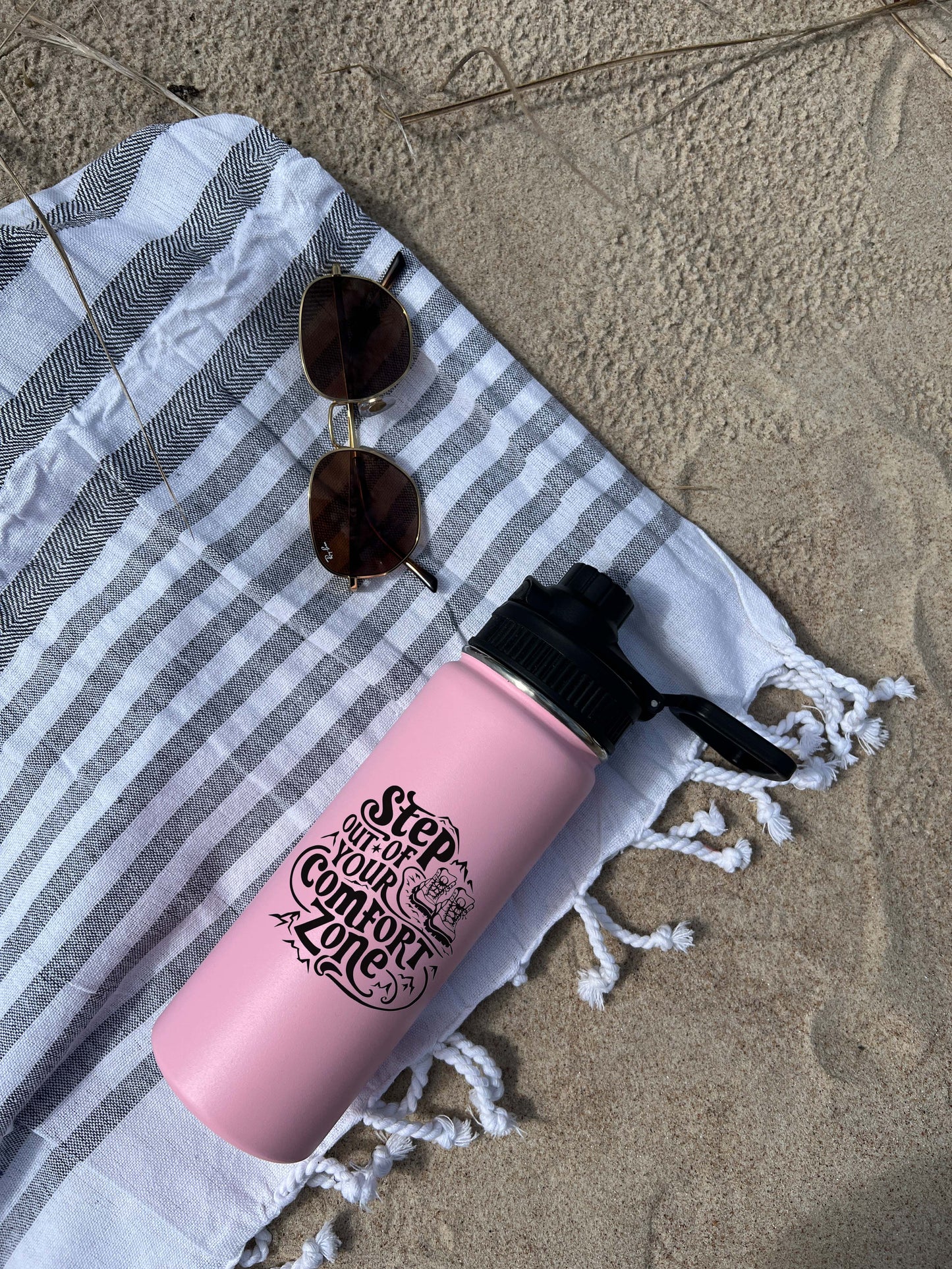 Step out of Comfort Zone Sports Water Bottle 18/32 oz, Traveling, Stainless Steel Insulated Flasks, Custom Water Bottle, Name Bottle, Keeps Cold 24 Hrs