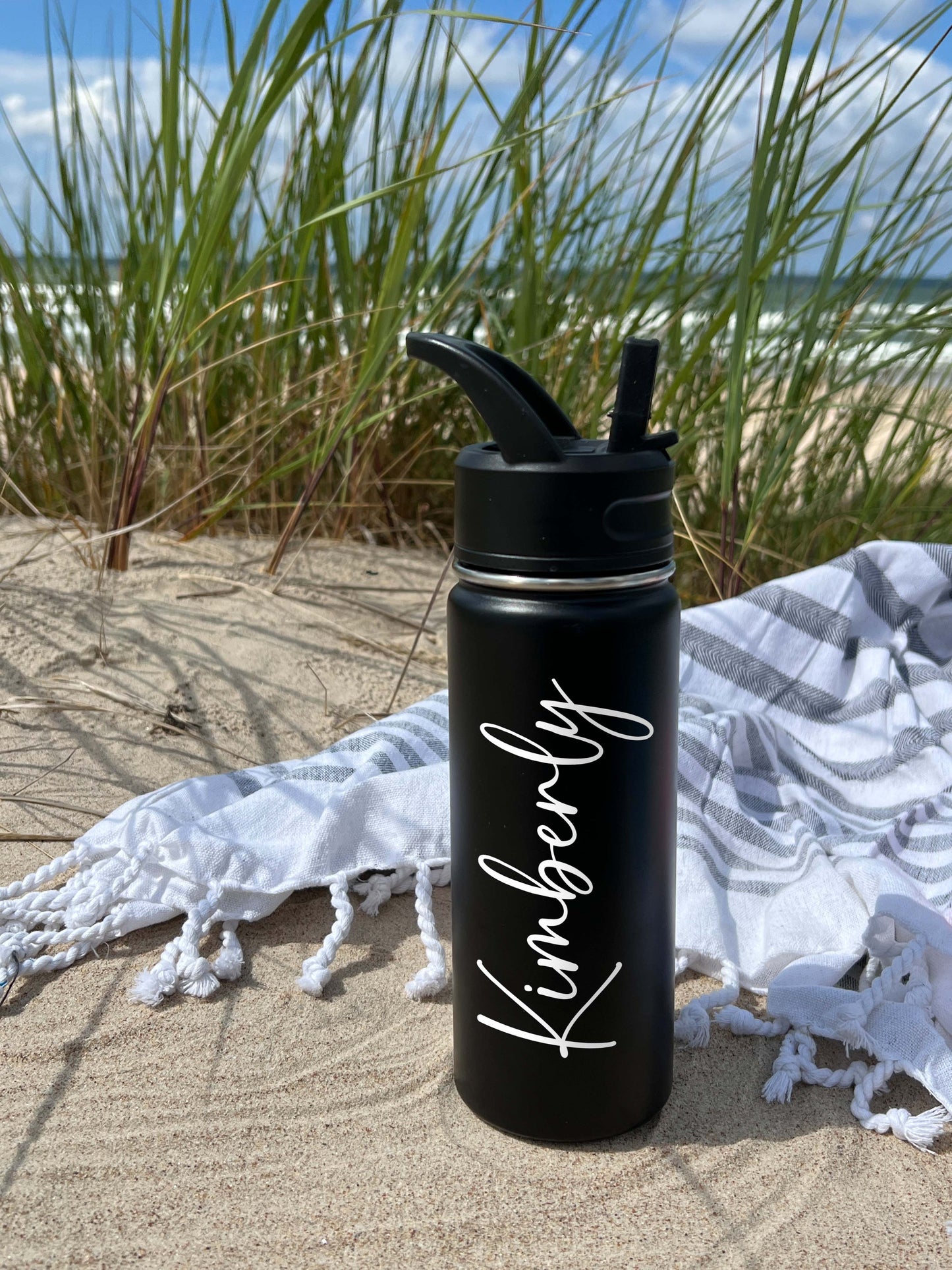 Cute Beach Water Bottle Sports Water Bottle 18/32 oz Cursive Font Stainless Steel Insulated Flasks, Custom Water Bottle, Name Bottle, Keeps Cold 24 Hrs