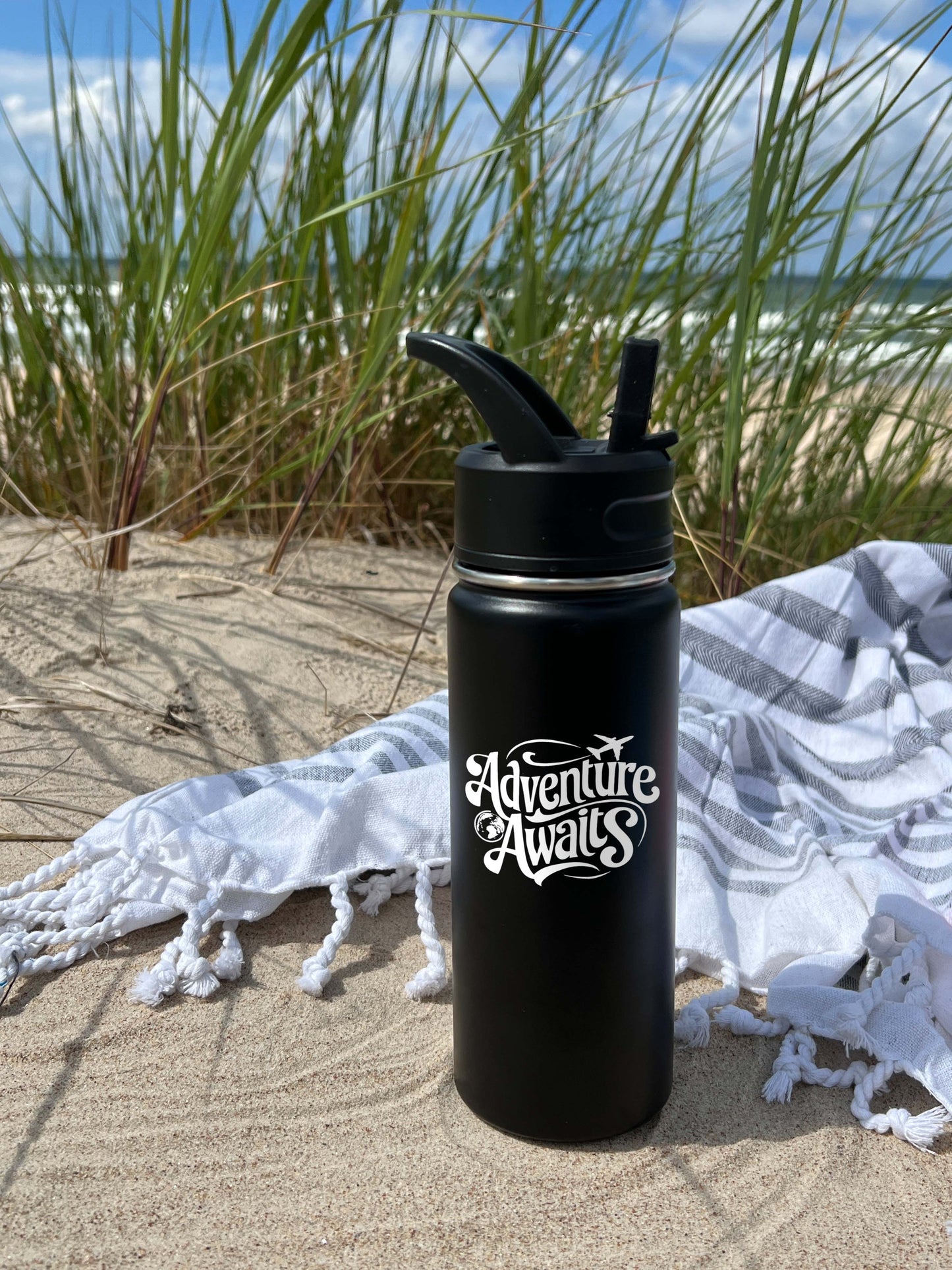 Adventure Awaits Sports Water Bottle 18/32 oz, Traveling, Stainless Steel Insulated Flasks, Custom Water Bottle, Name Bottle, Keeps Cold 24 Hrs