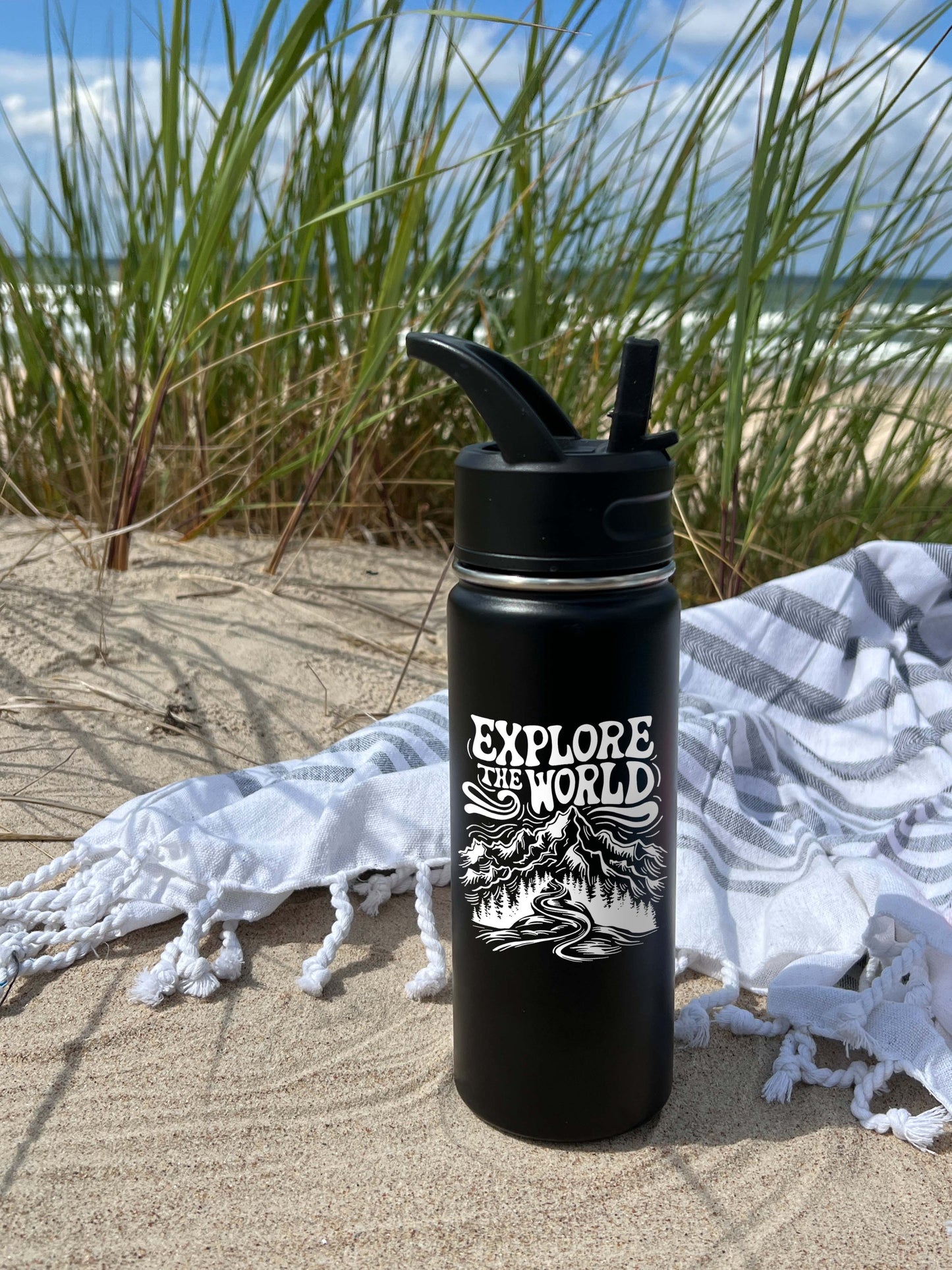 Explore the World Sports Water Bottle 18/32 oz, Traveling, Stainless Steel Insulated Flasks, Custom Water Bottle, Name Bottle, Keeps Cold 24 Hrs
