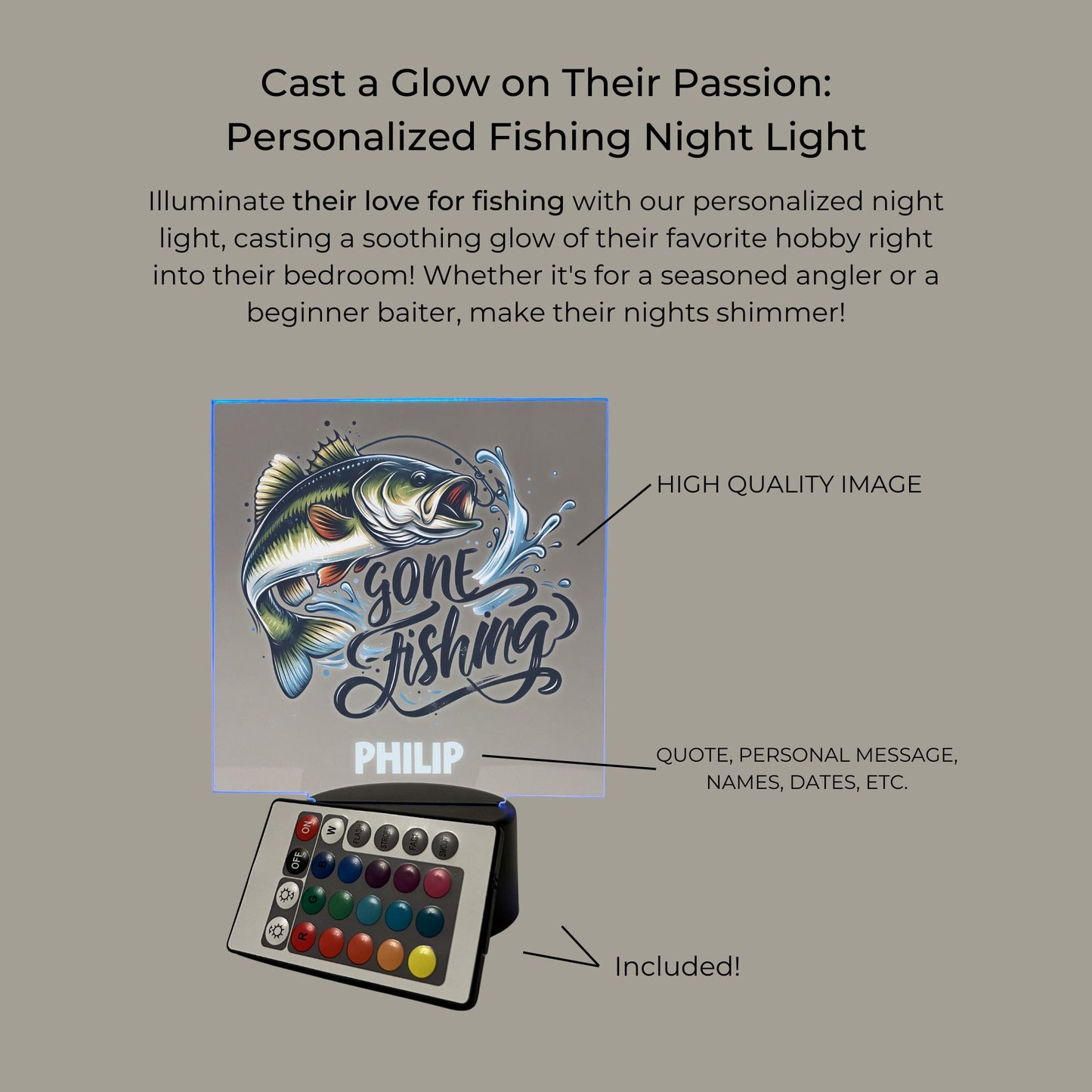 Gone Fishing Night Light, Personalized Free, LED Night Lamp, With Remote Control, Engraved Gift, 16 Colors, Fish Light Up Table Lamp