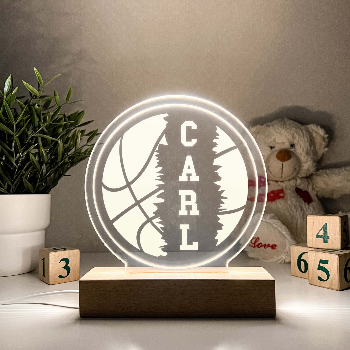 Basketball 3D Night Light with Wooden Base, Gift for Basketball Player, Personalized Gift, Desk Lamp, Sports Bedroom, Basketball Gift, Room Decor, Girls or Boys, Stripe