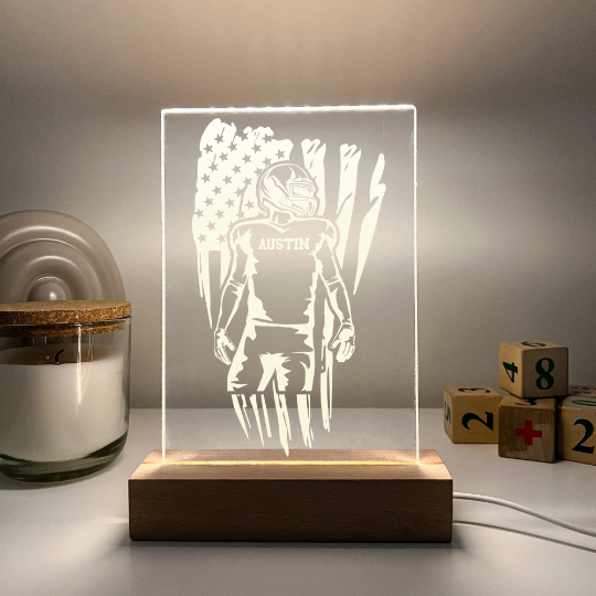 American Football Player Wood Night Light Up Stand Table Desk Lamp LED Personalized Free Engraving
