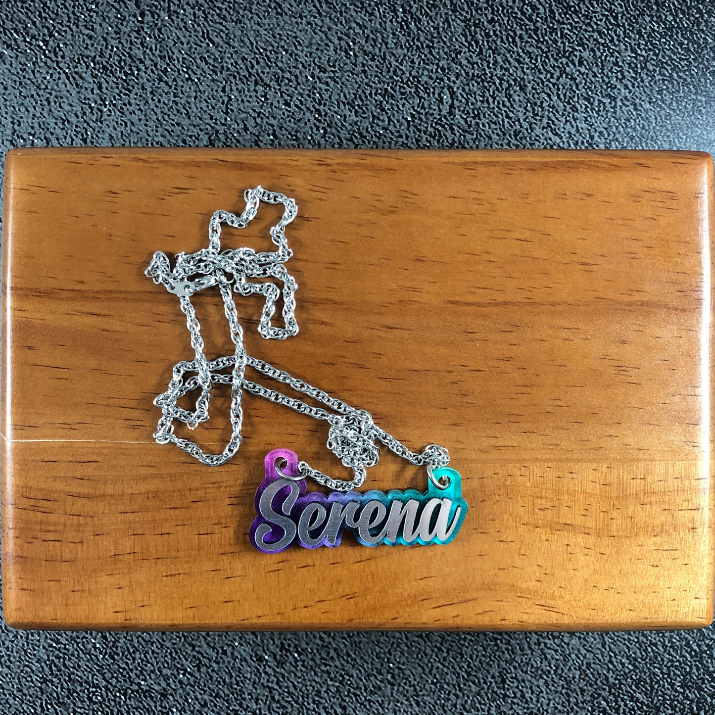 Name Necklace Plate Personalized Custom Nameplate and Silver bamboo Earrings With Rainbow Background Jewelry Set Cursive Letters