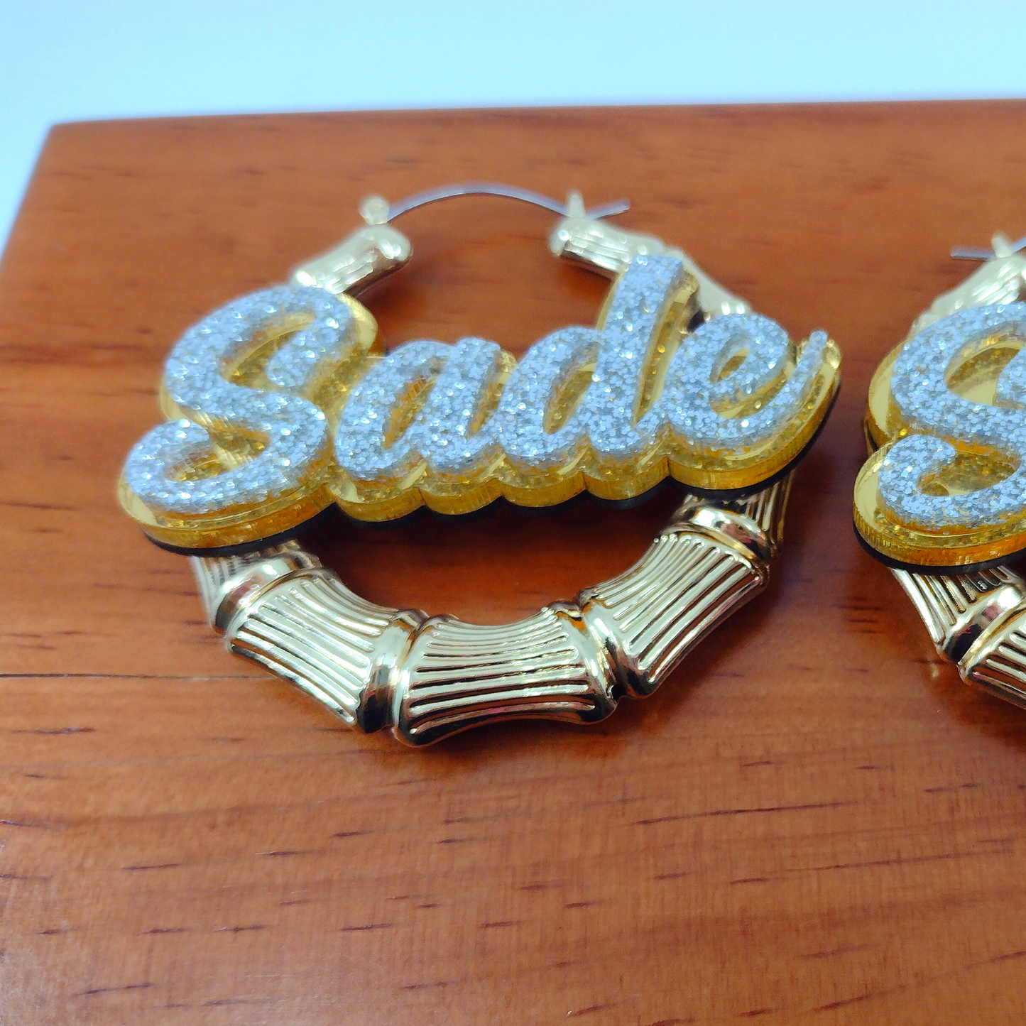 Custom Name and Background Gold Bamboo Hoop Earrings
