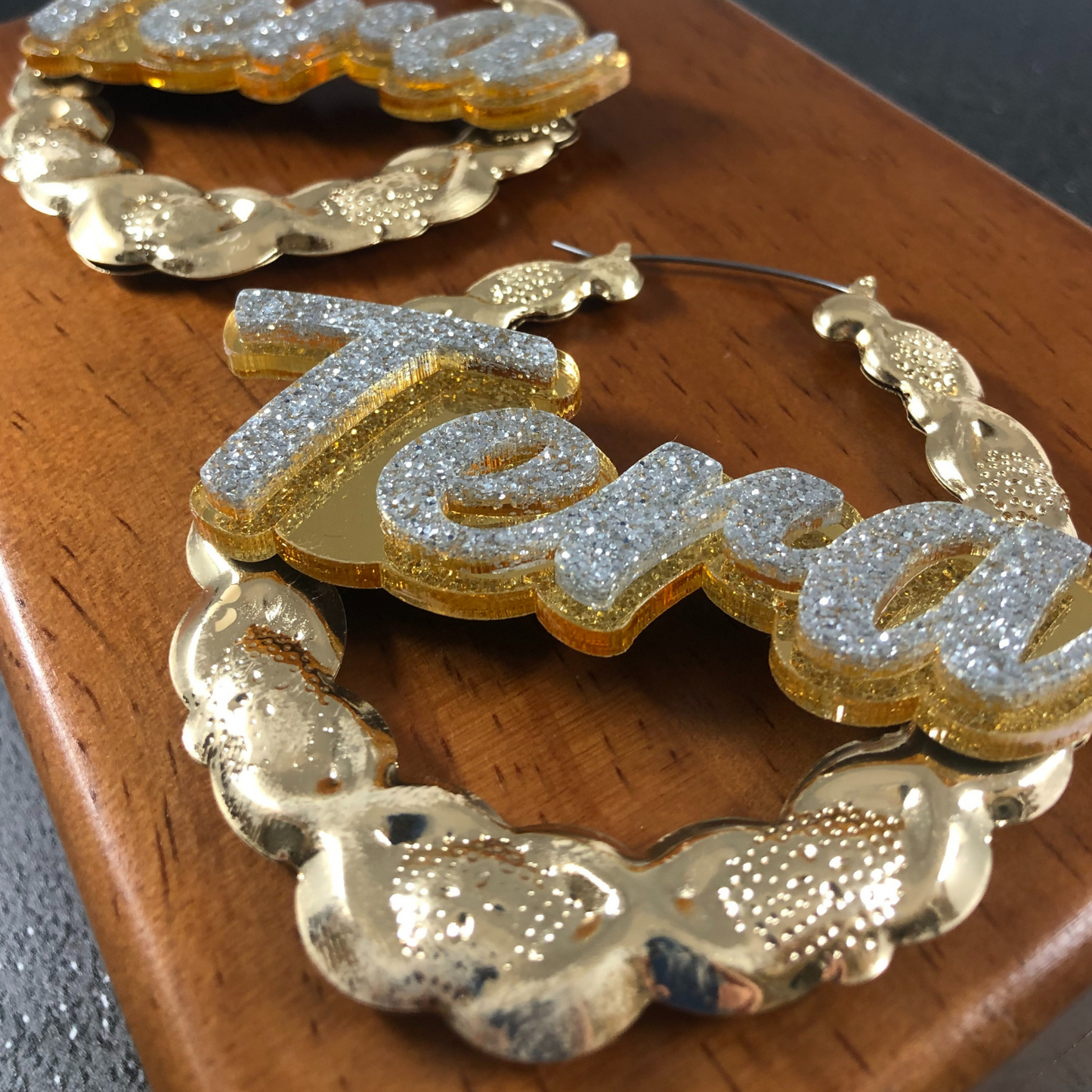 Gold Hoop XOXO Style Earrings Name Plate Laser Cut Personalized Custom Design Diamond Stunning Look, Attractive, Gorgeous Earrings