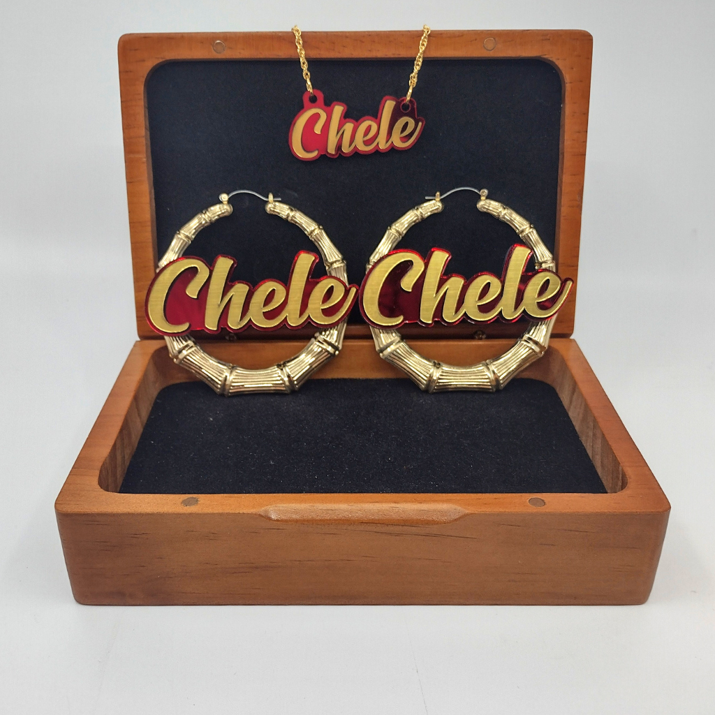 Custom Gold Hoop Earrings and a Name Necklace, Personalized Name and Background Color, Hand-made Jewelry Set