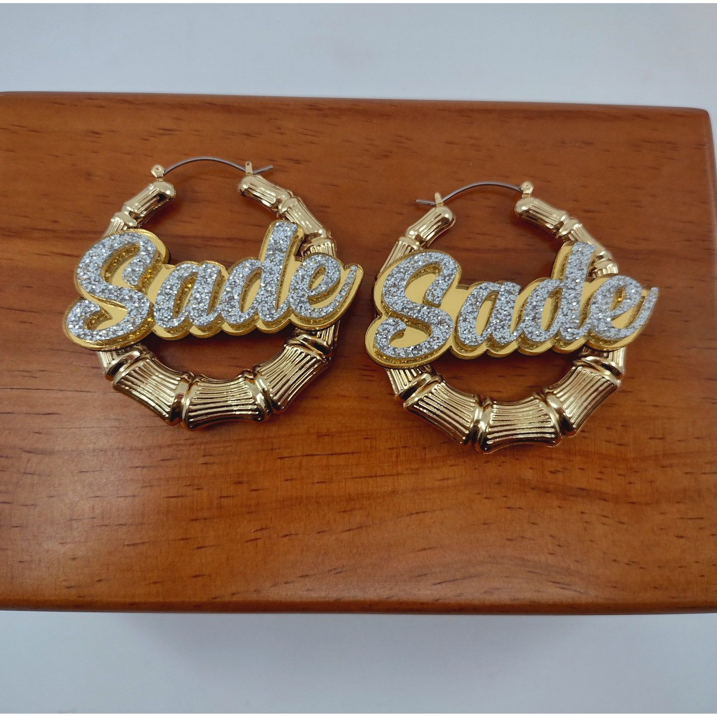 Custom Name and Background Gold Bamboo Hoop Earrings