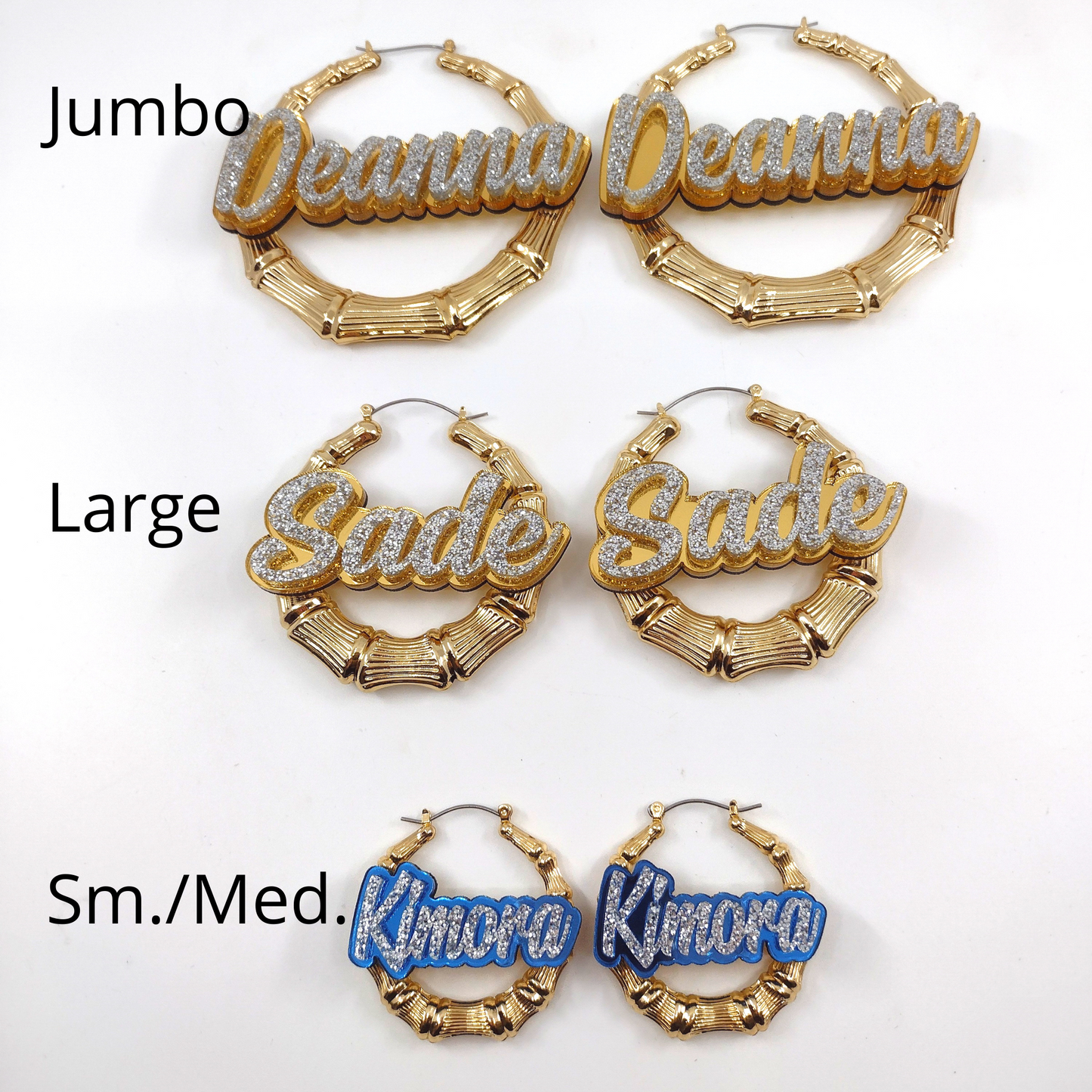 Custom Name and Background Gold Bamboo Hoop Earrings