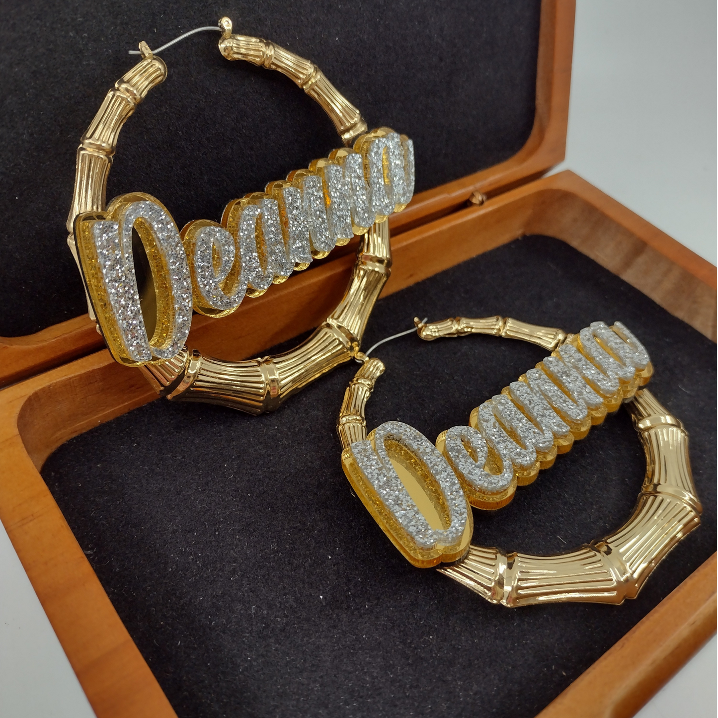 Custom Name and Background Gold Bamboo Hoop Earrings