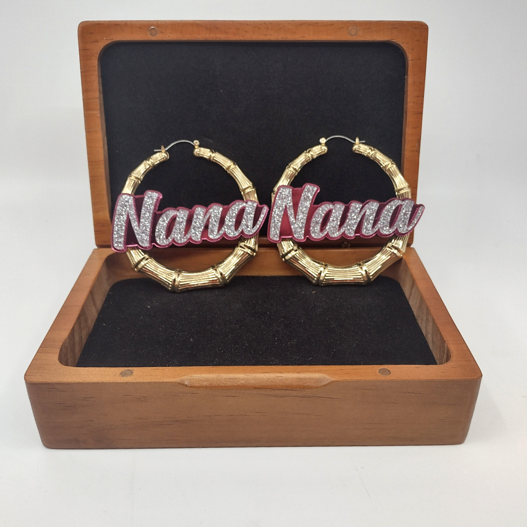 Custom Name and Background Gold Bamboo Hoop Earrings