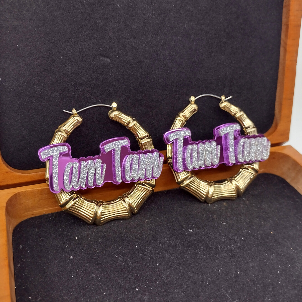 Custom Name and Background Gold Bamboo Hoop Earrings