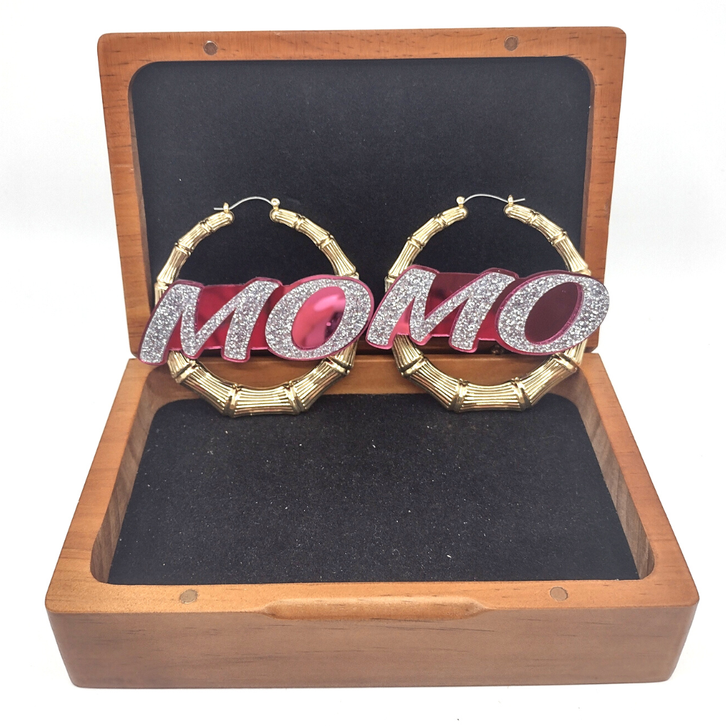 Custom Name and Background Gold Bamboo Hoop Earrings