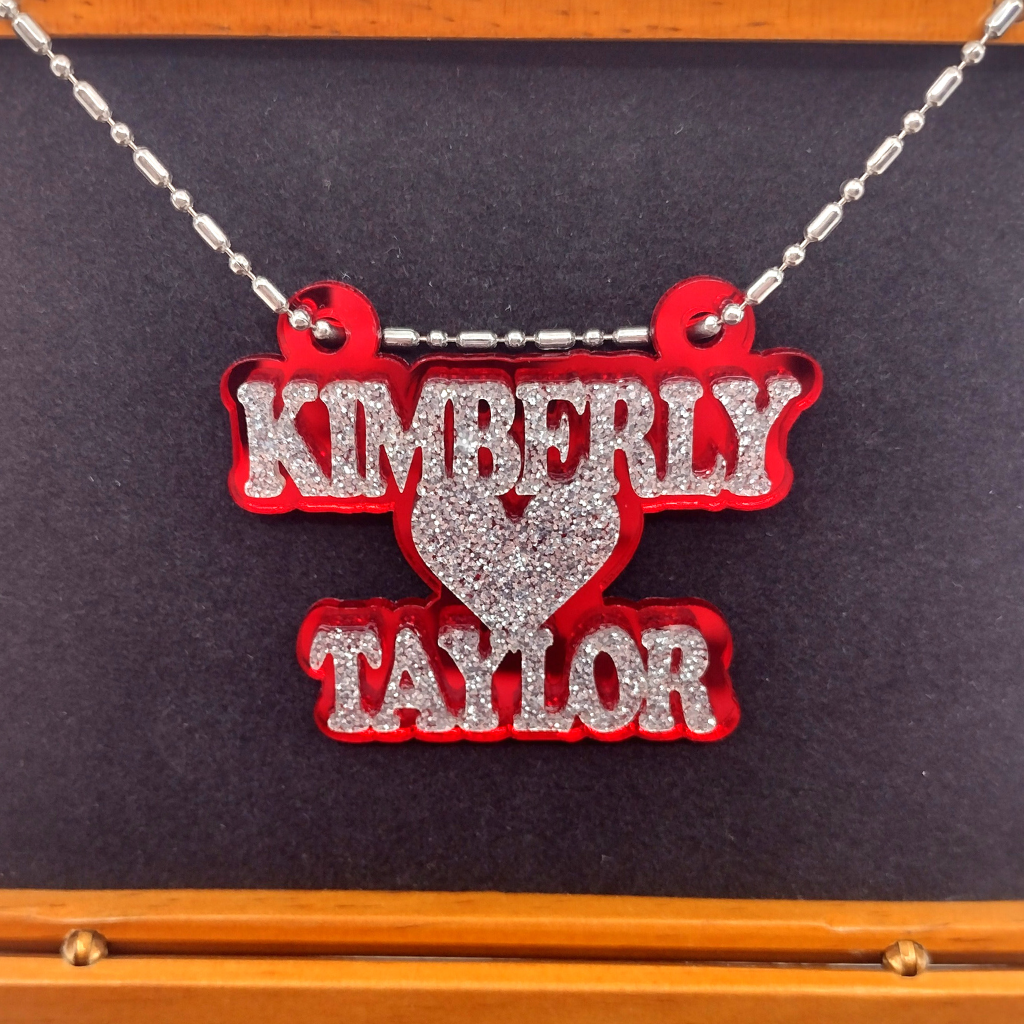 Custom Couples Name Necklace with Heart, Personalized Glitter Name Necklace