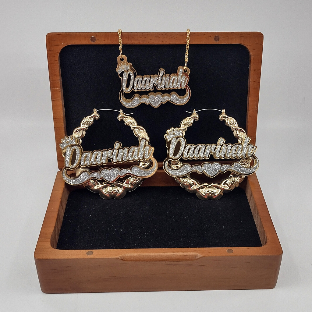 Heart and Swirl with Crown Custom XOXO Gold Hoop Earrings and a Name Necklace, Personalized Name and Background Color, Hand-made Jewelry Set