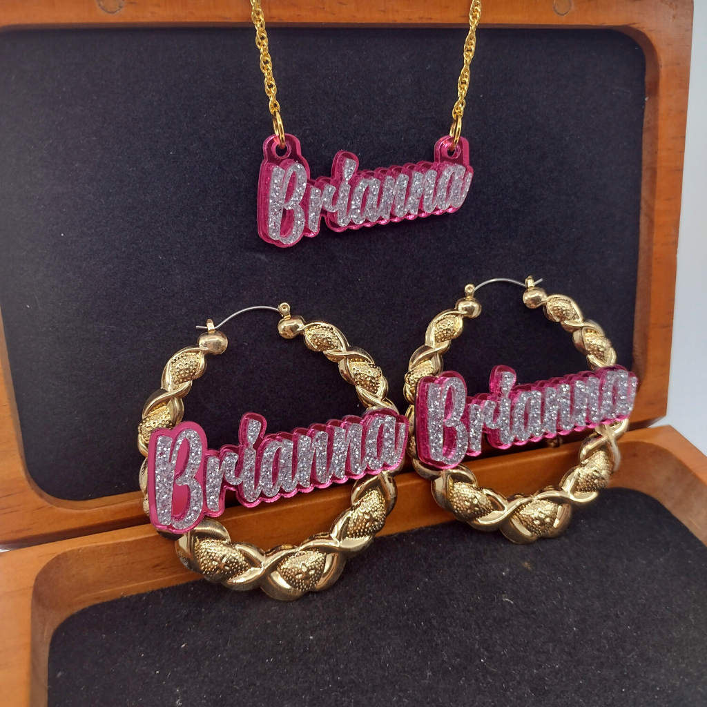 Custom Gold XOXO Hoop Earrings and a Name Necklace, Personalized Name and Background Color, Hand-made Jewelry Set
