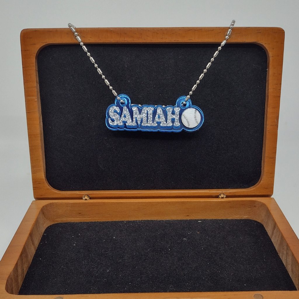 Custom Baseball Name Necklace, Personalized Glitter Name Necklace