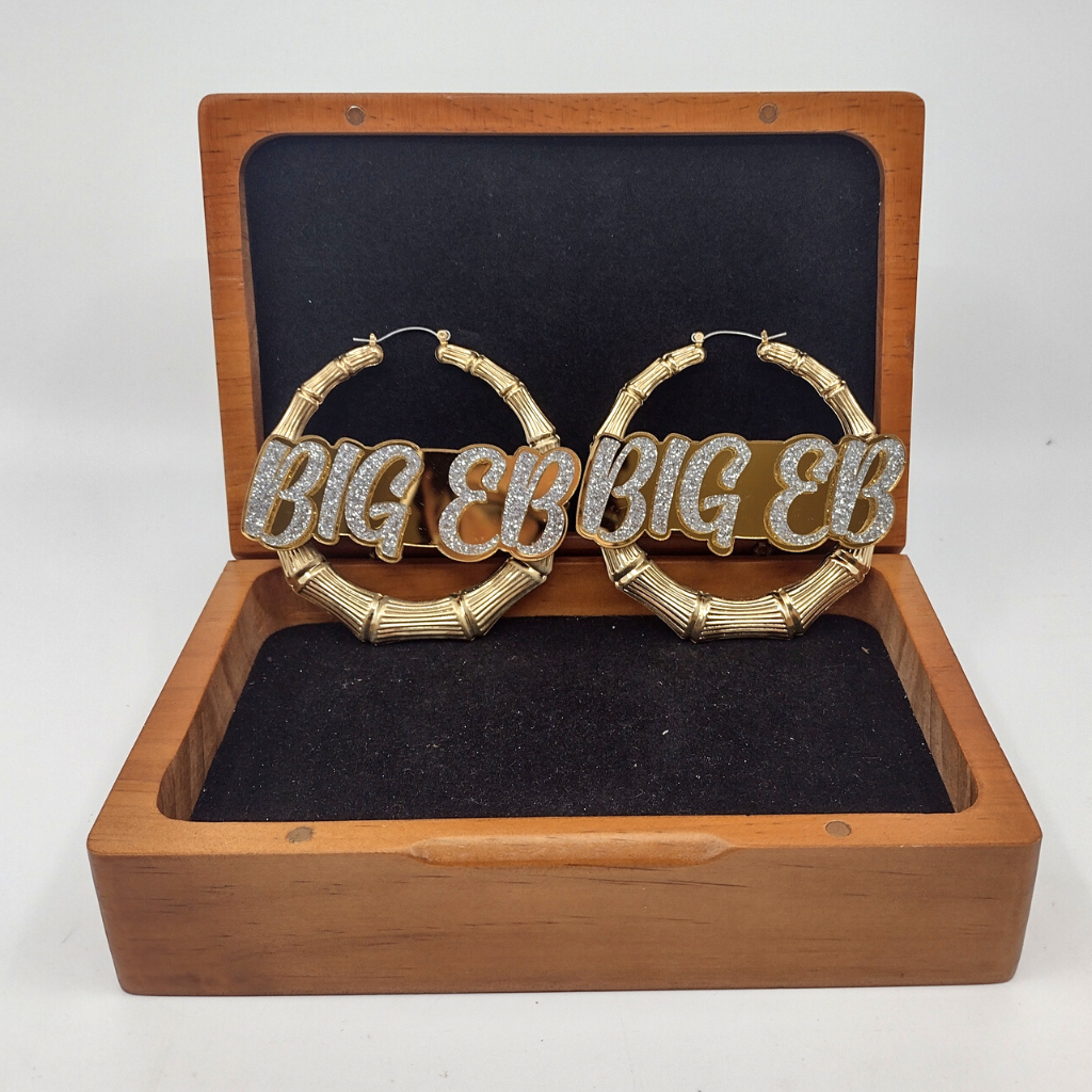 Custom Name and Background Gold Bamboo Hoop Earrings