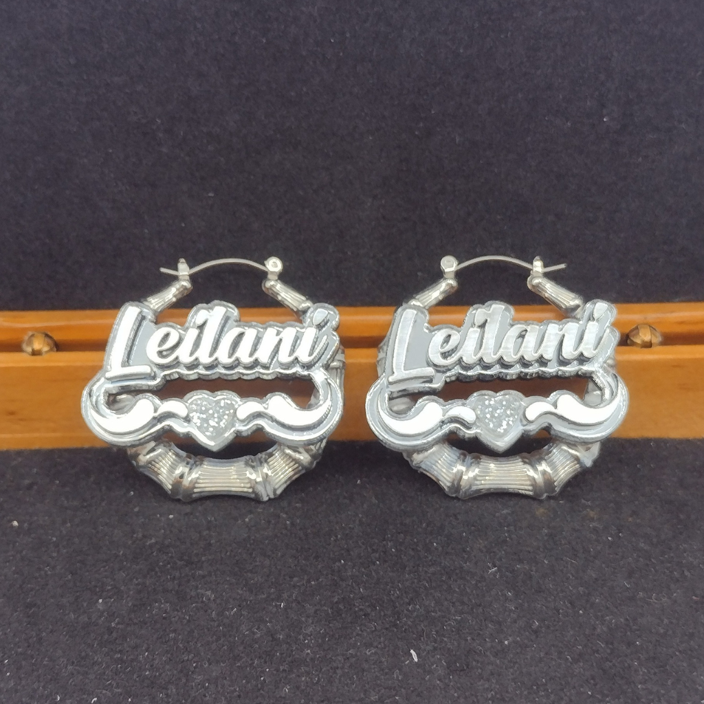 Custom Heart and Swirl Name and Background Silver Bamboo Hoop Earrings