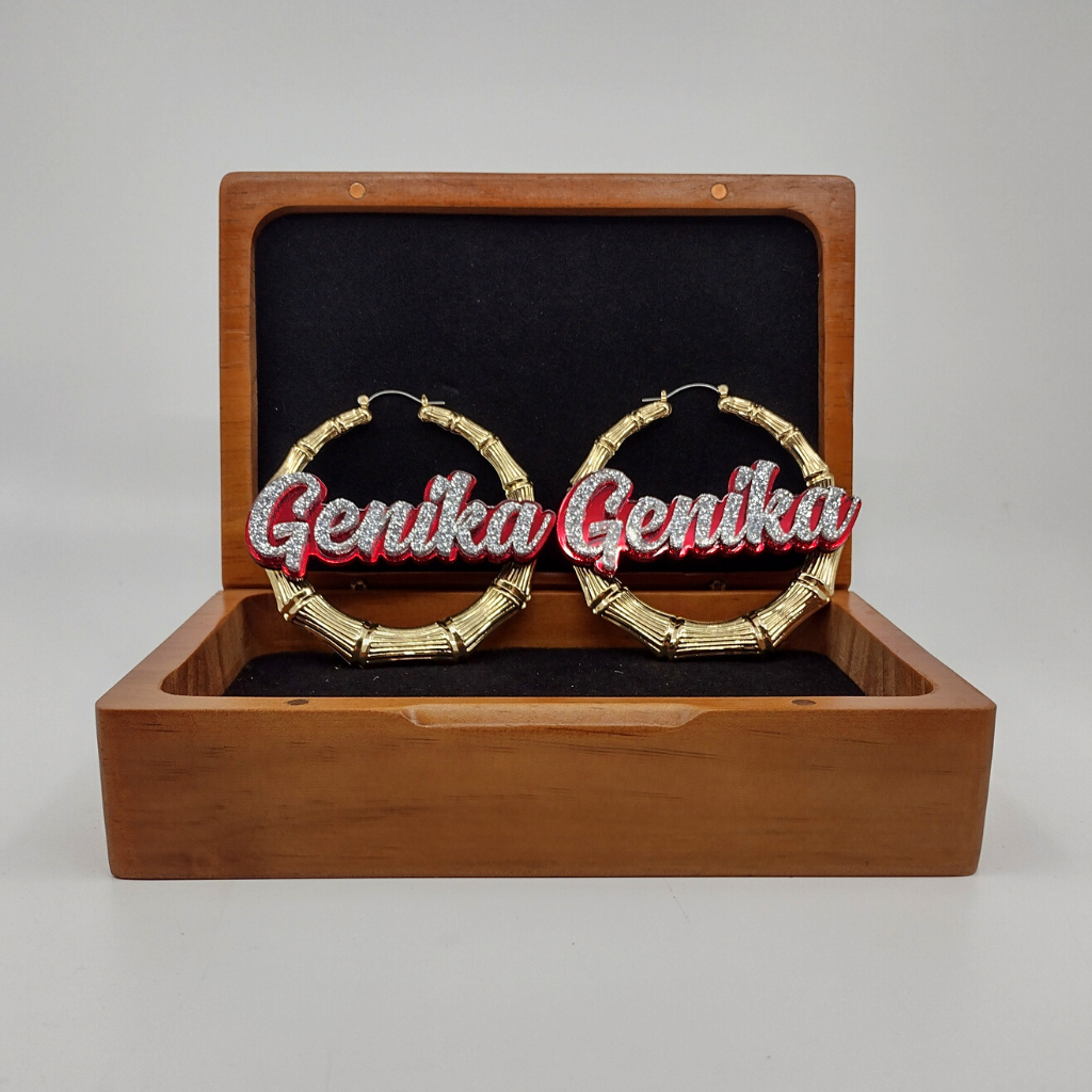 Custom Name and Background Gold Bamboo Hoop Earrings