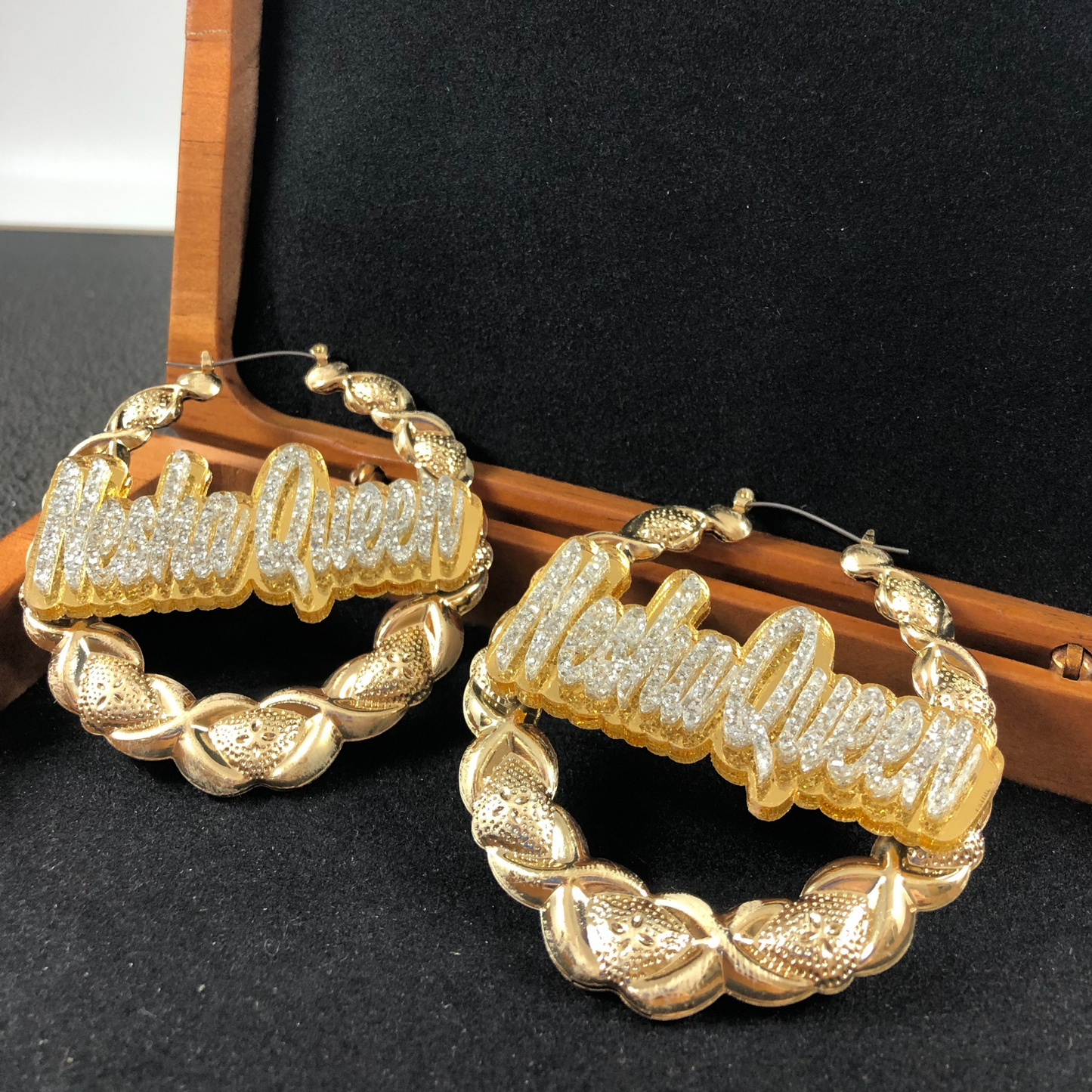Gold Hoop XOXO Style Earrings Name Plate Laser Cut Personalized Custom Design Diamond Stunning Look, Attractive, Gorgeous Earrings