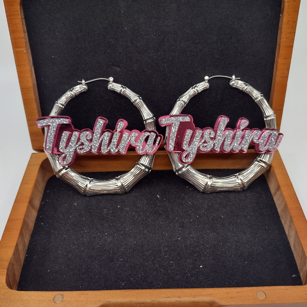 Custom Name and Background Silver Bamboo Hoop Earrings