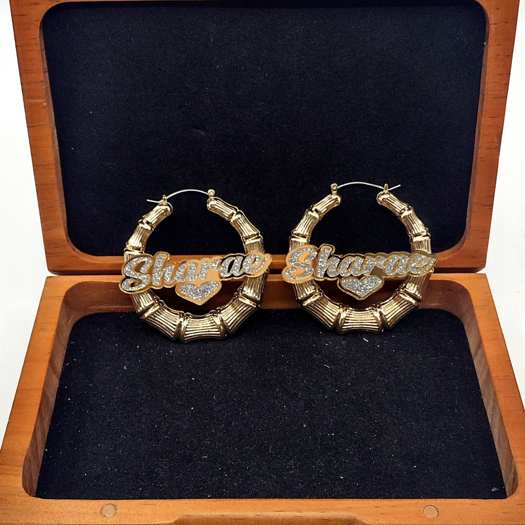 Custom Name with Heart and Background Gold Bamboo Hoop Earrings