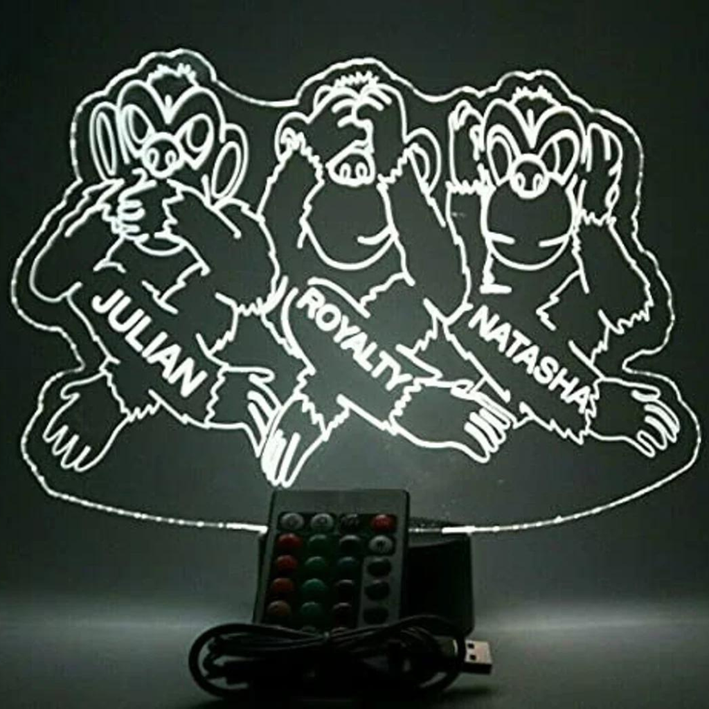 Hear See Speak No Evil Monkeys LED Tabletop Night Light Up Lamp, 16 Color options with Remote