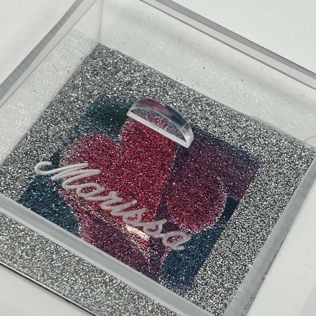 Stylish Heart Rings, Earrings, Necklaces Jewelry Gift Presentation Box Personalized Custom Engraved Features Diamond Forever Glitter Bottom