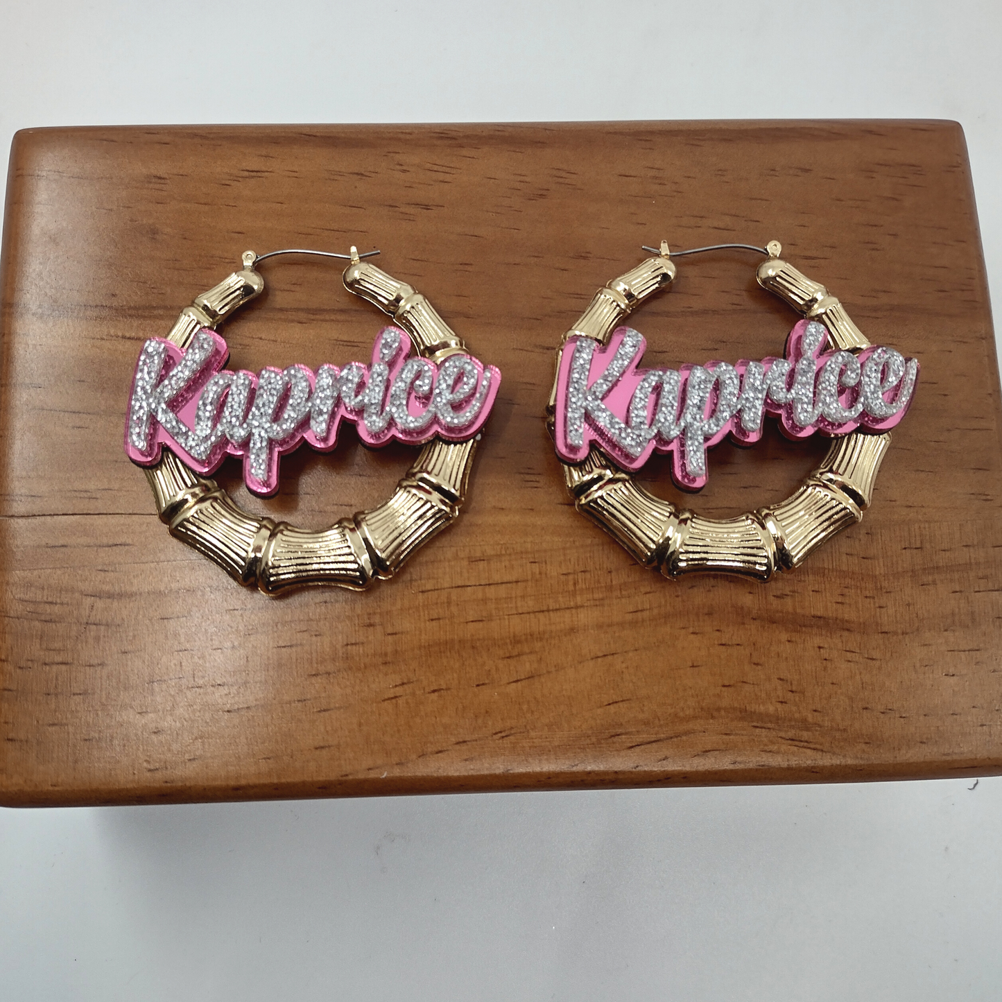 Custom Name and Background Gold Bamboo Hoop Earrings