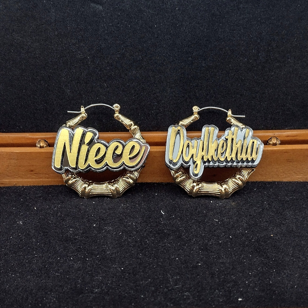 Custom Name and Background Gold Bamboo Hoop Earrings