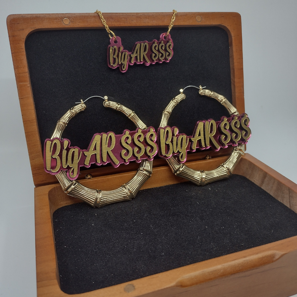 Custom Gold Bamboo Hoop Earrings and a Name Necklace, Personalized Name and Background Color, Hand-made Jewelry Set
