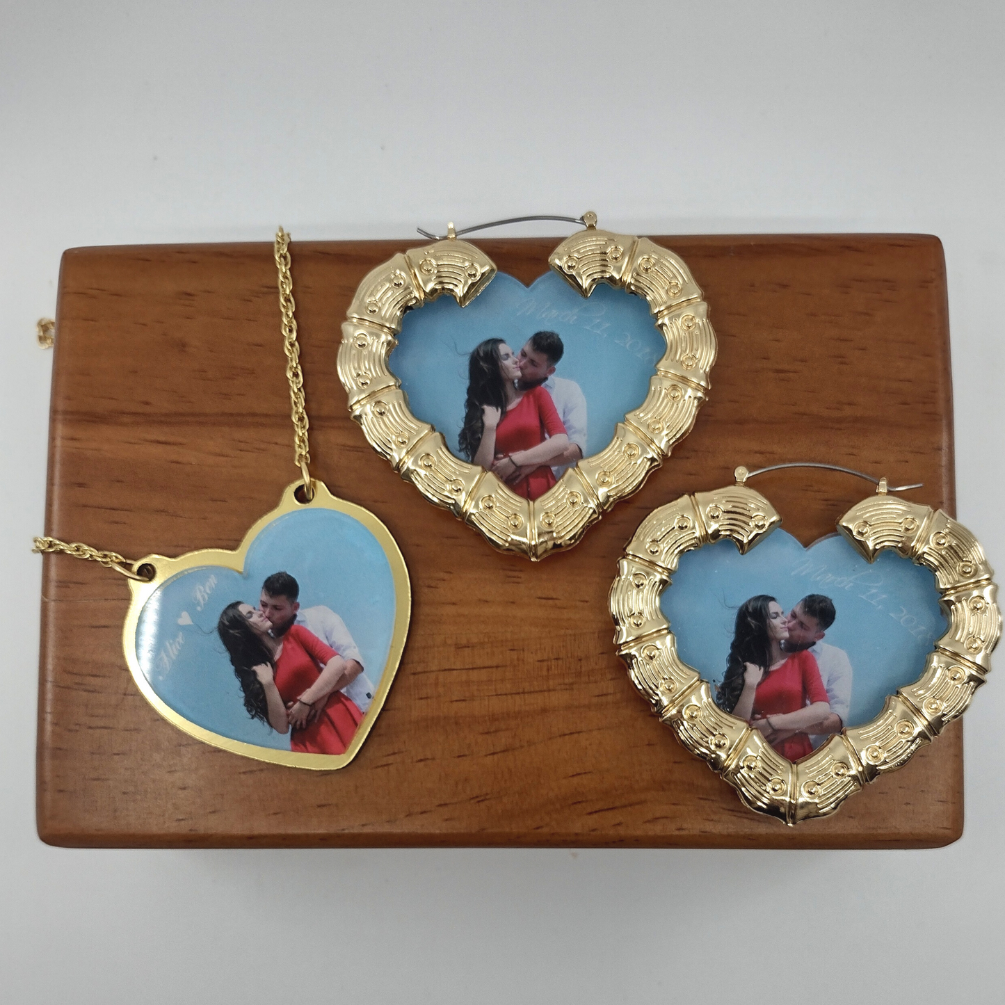 Custom Heart Shaped Personalized Photo Name Necklace and Earrings, UV Printed Jewelry Set