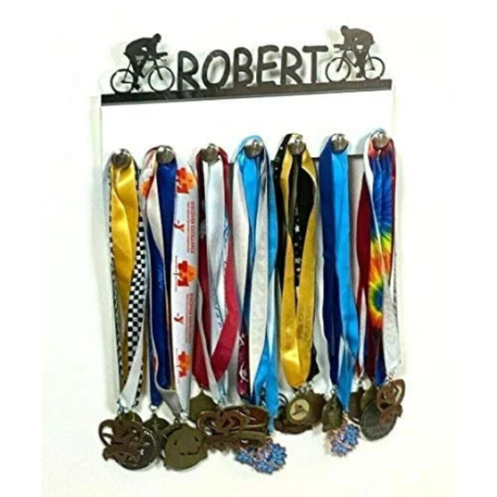 Biking Cyclists Personalized Medal Holder, Handmade Wall Organizer, Storage Space for Your Living Space