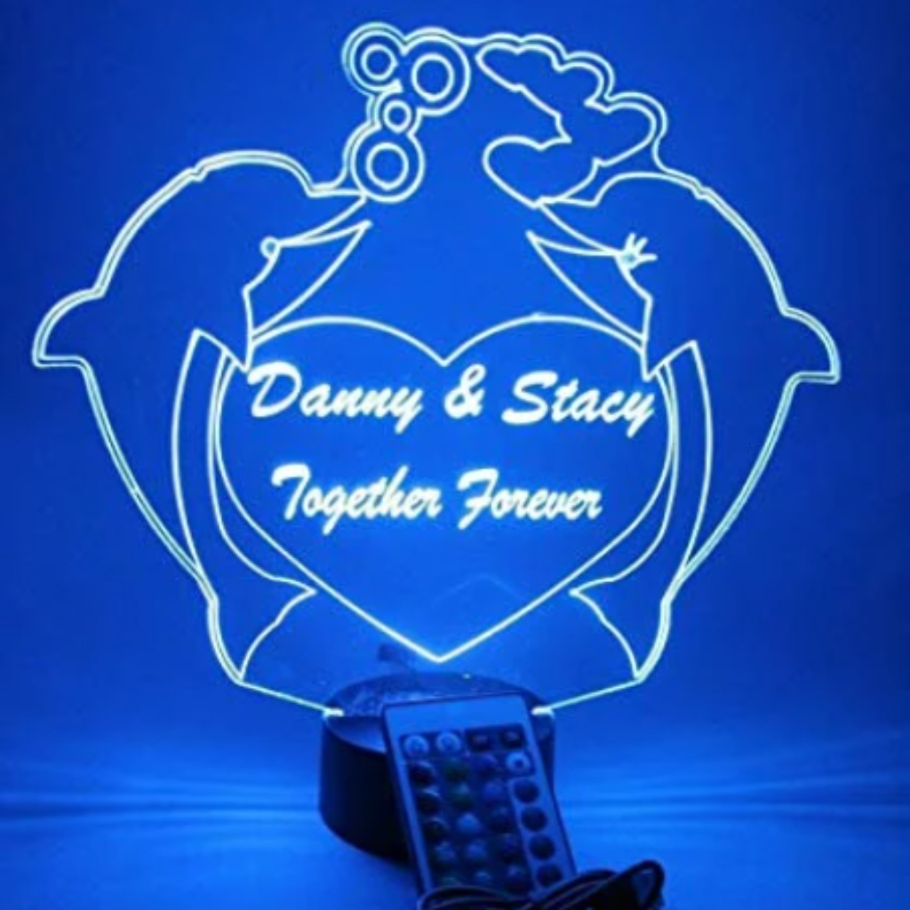 Couple Dolphins in Heart LED Tabletop Night Light Up Lamp, 16 Color option with Remote