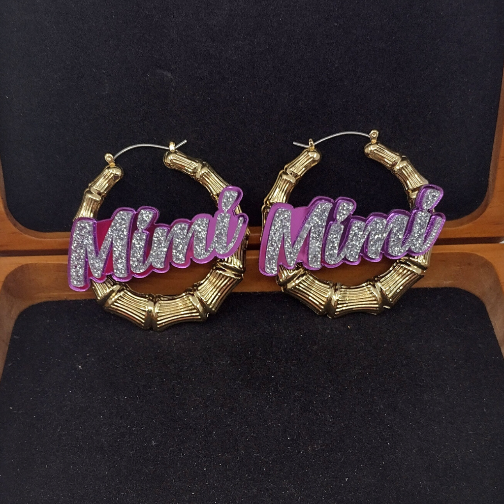 Custom Name and Background Gold Bamboo Hoop Earrings